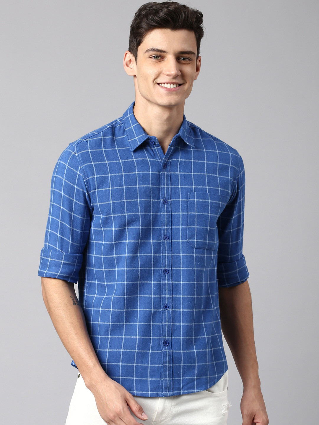 

Dennis Lingo Men Modern Slim Fit Grid Tattersall Checks Casual Pure Cotton Shirt, Blue