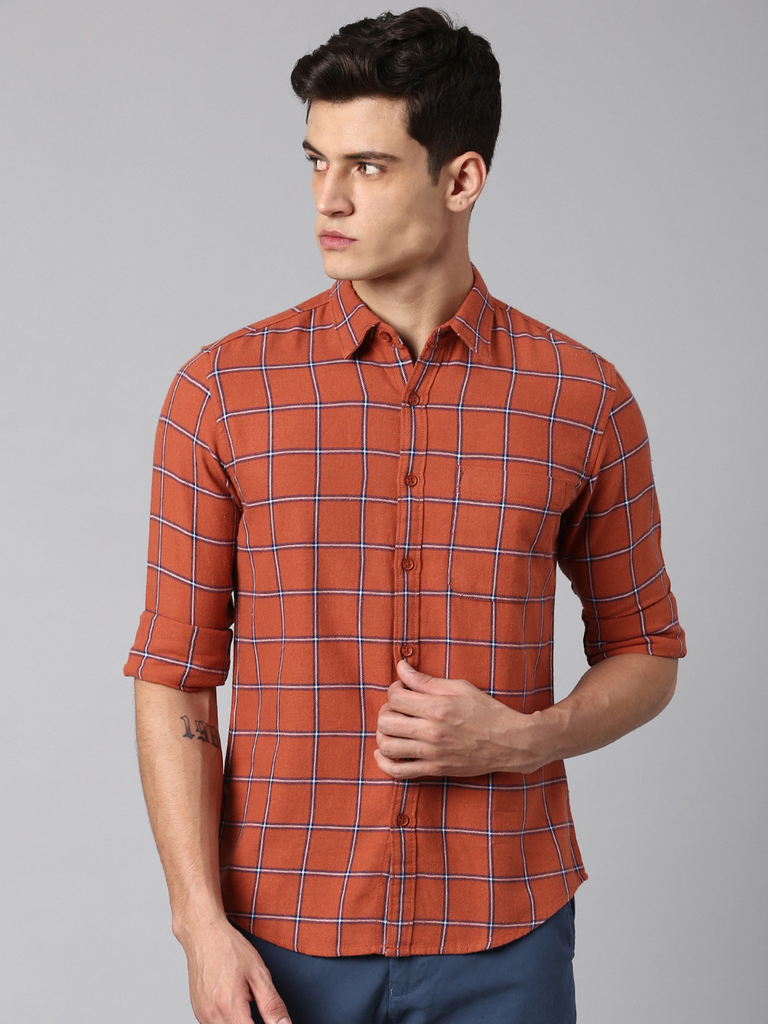 

Dennis Lingo Men Modern Slim Fit Checked Casual Pure Cotton Shirt, Orange
