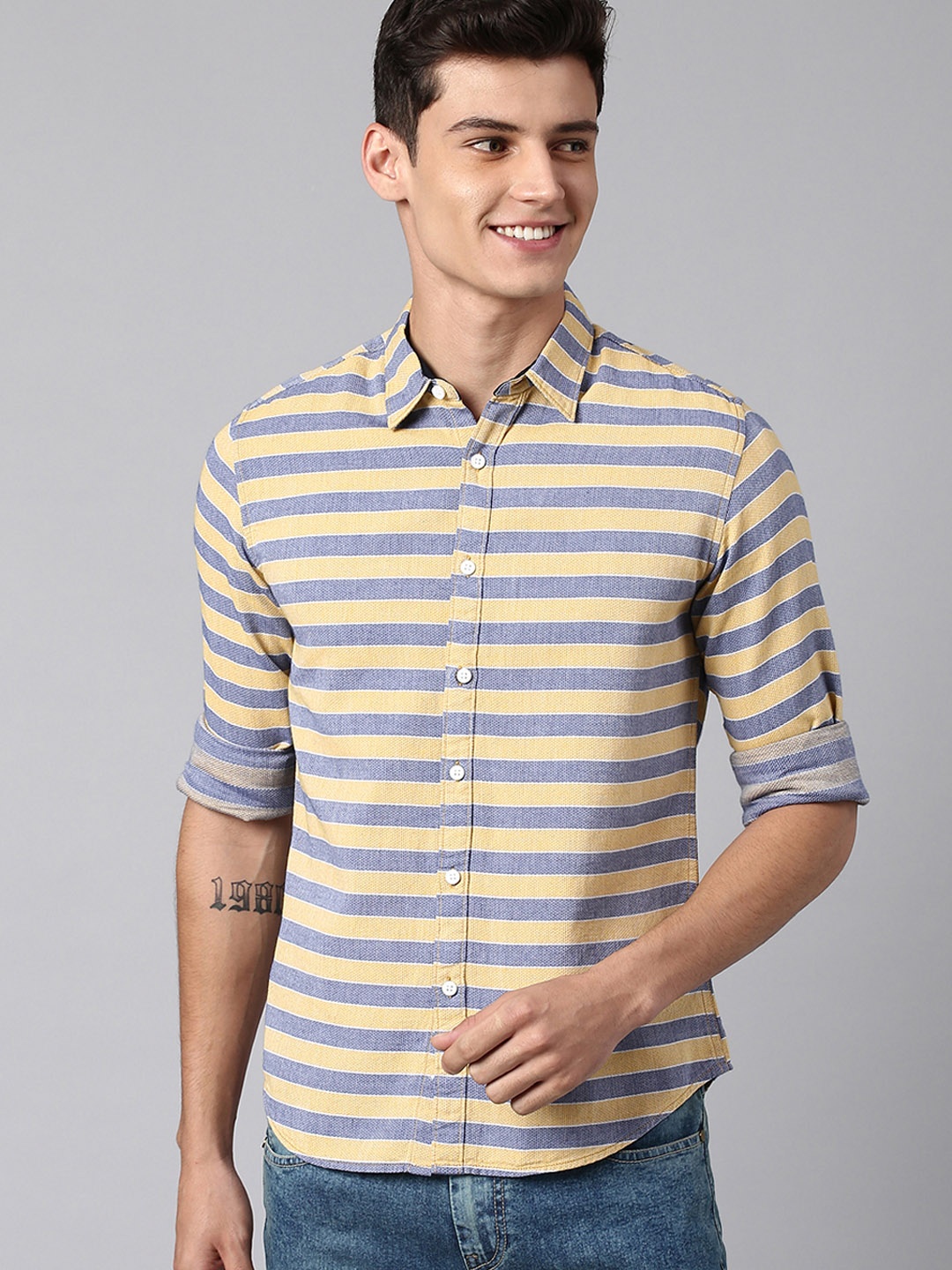 

Dennis Lingo Men Horizontal Stripes Pure Cotton Casual Shirt, Yellow
