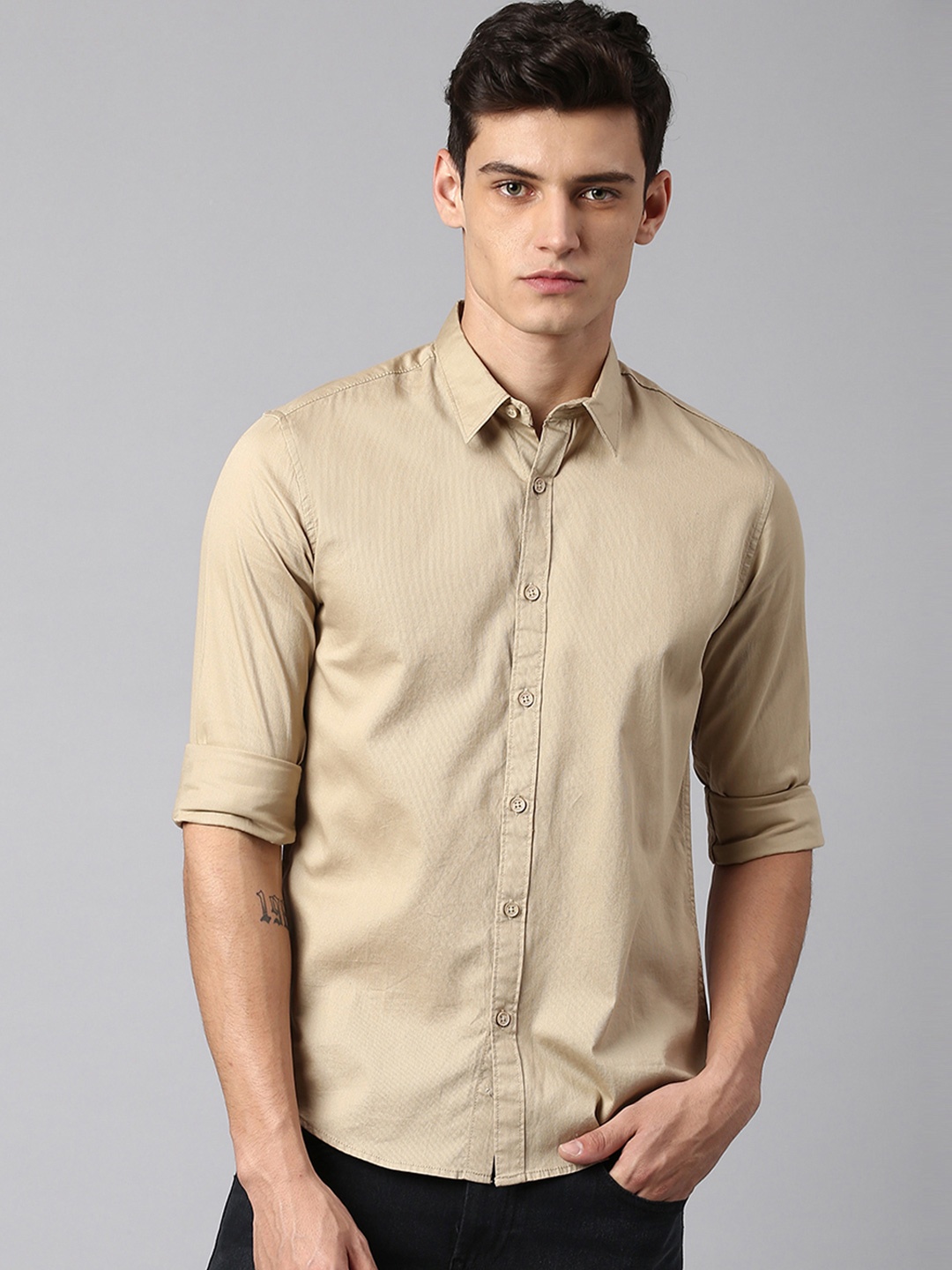 

Dennis Lingo Men Modern Slim Fit Pure Cotton Casual Shirt, Beige