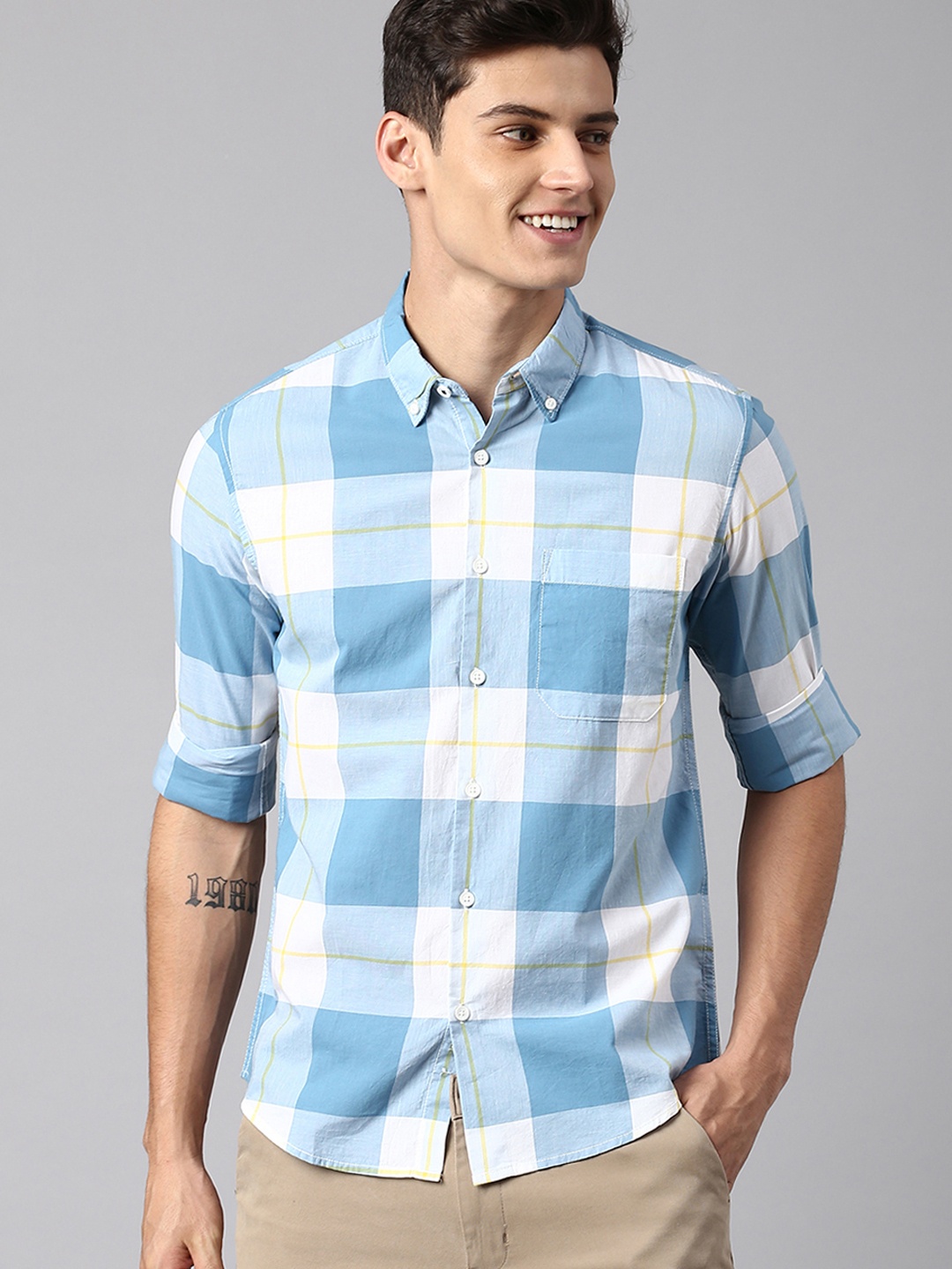 

Dennis Lingo Men Modern Slim Fit Tartan Checked Casual Cotton Shirt, White