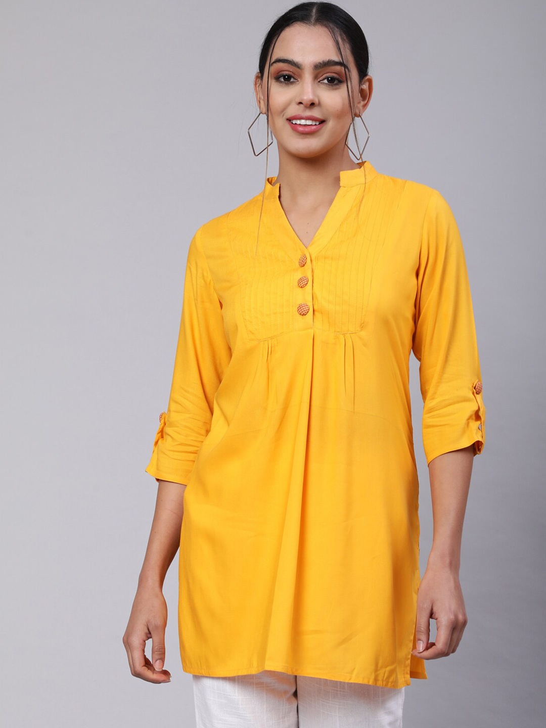 

Jaipur Kurti Mandarin Collar Roll Up Sleeve Gathered Kurta, Yellow