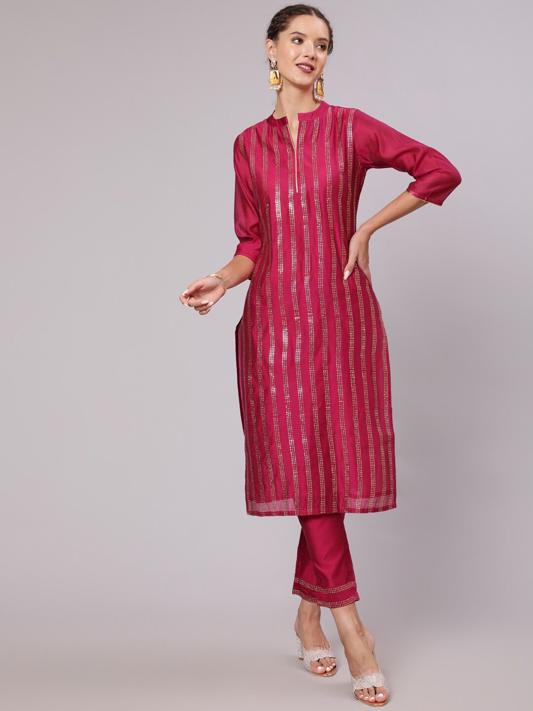 

Jaipur Kurti Geometric Printed Chanderi Cotton Kurta with Trousers, Fuchsia