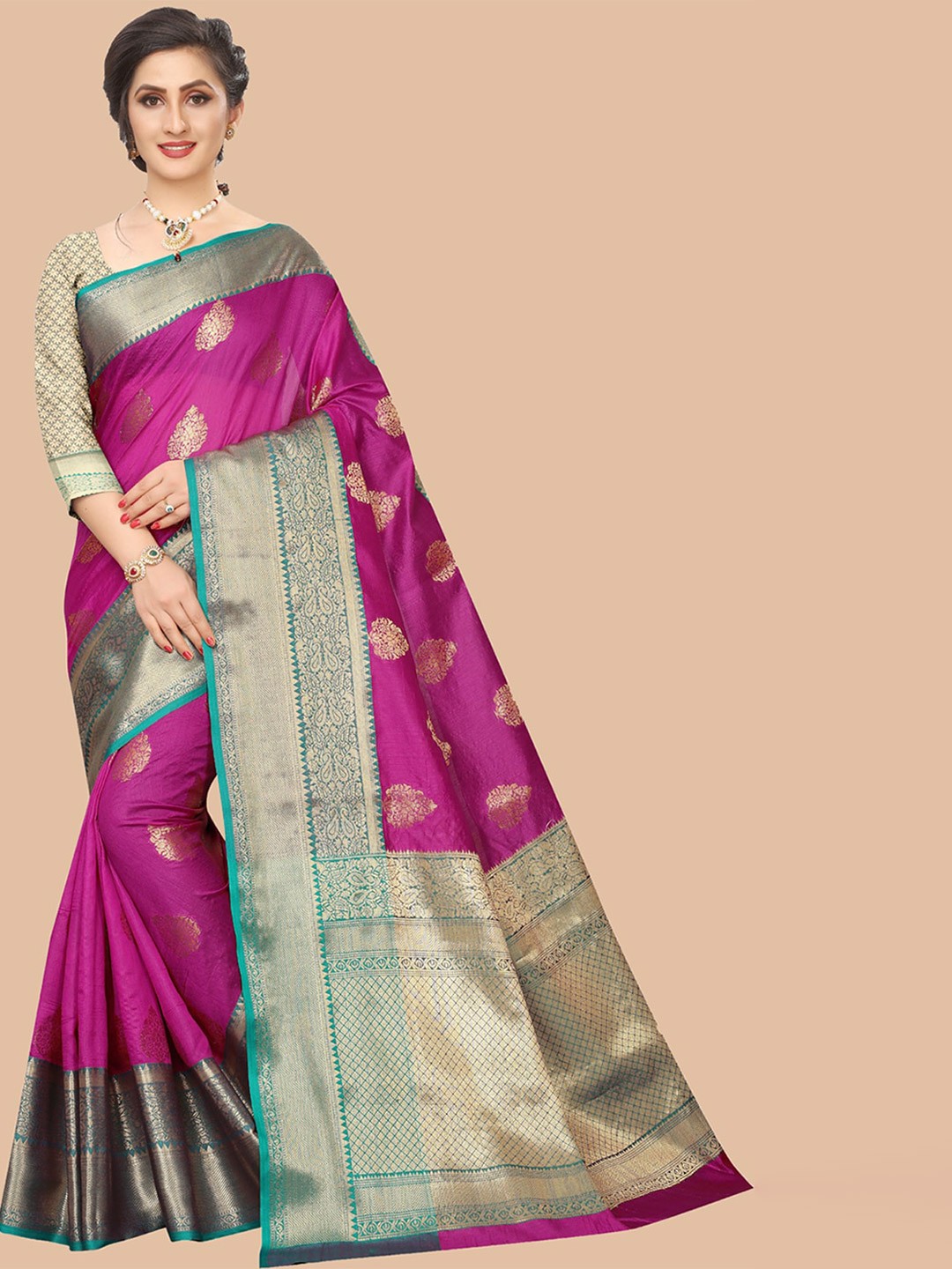 

ORUS Woven Design Zari Silk Blend Kanjeevaram Saree, Pink