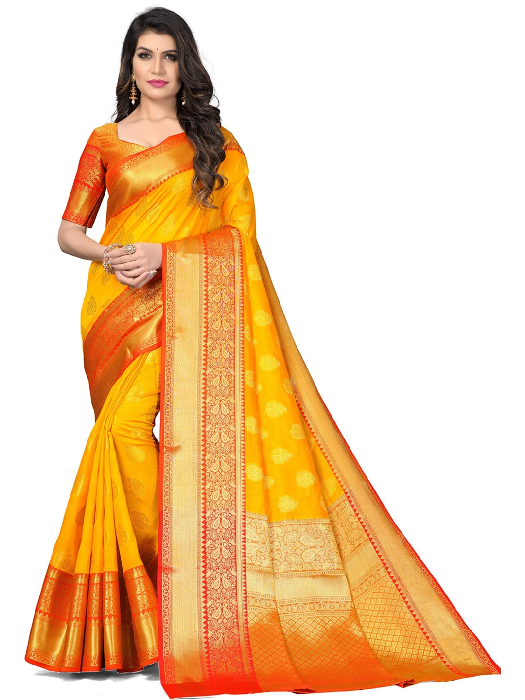 

ORUS Woven Design Zari Silk Blend Kanjeevaram Saree, Mustard