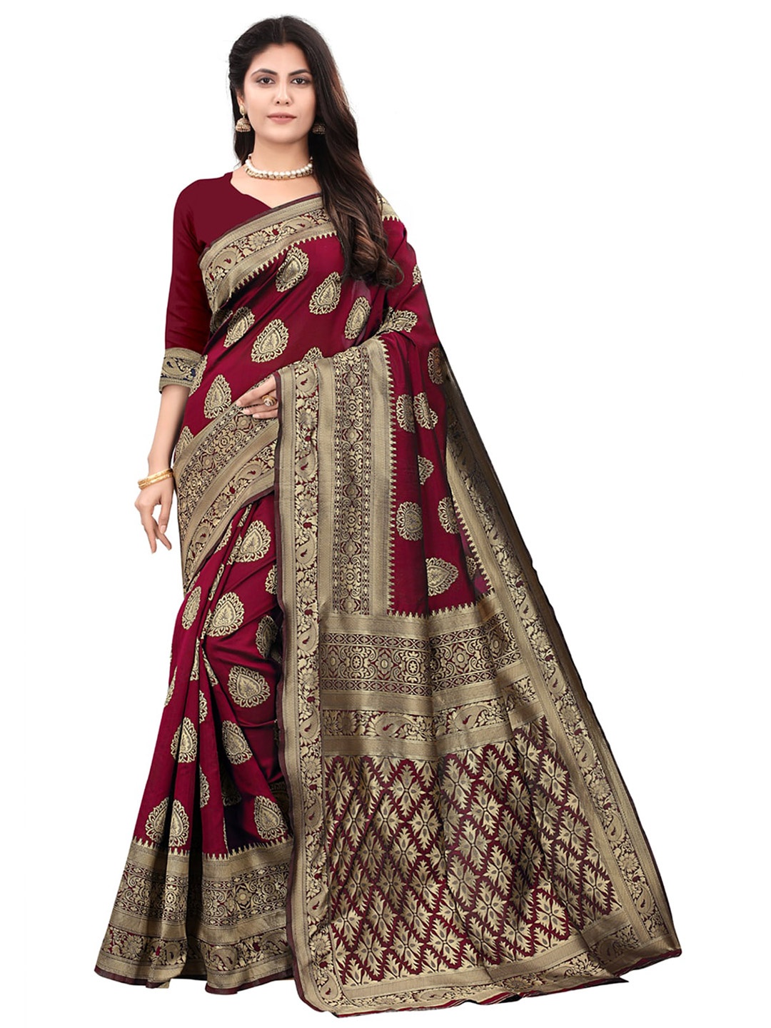 

ORUS Woven Design Zari Silk Blend Kanjeevaram Saree, Maroon