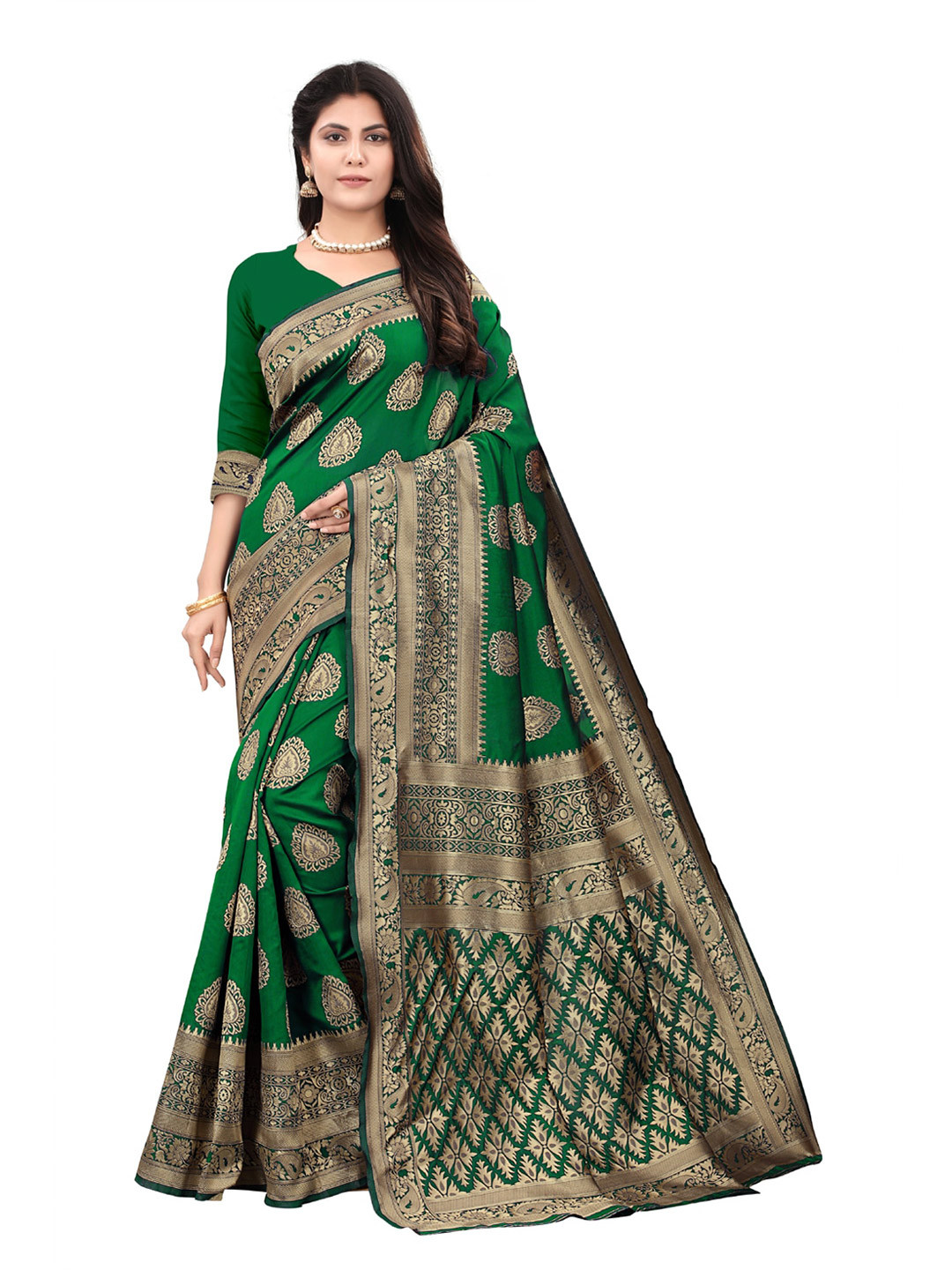 

ORUS Woven Design Zari Silk Blend Kanjeevaram Saree, Green