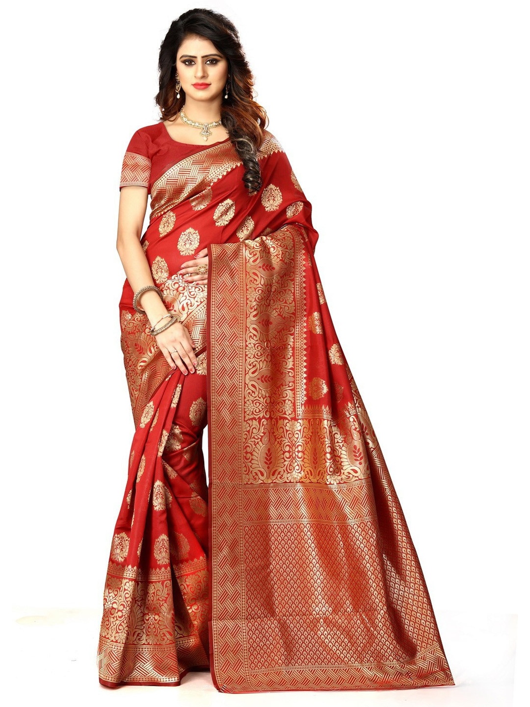 

ORUS Woven Design Zari Silk Blend Kanjeevaram Saree, Red