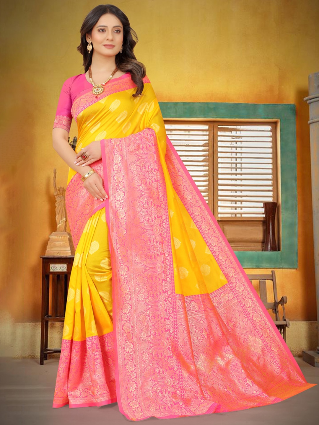 

ORUS Woven Design Zari Silk Blend Banarasi Saree, Yellow