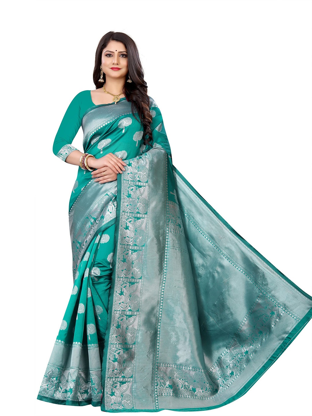 

ORUS Woven Design Zari Silk Blend Kanjeevaram Saree, Teal