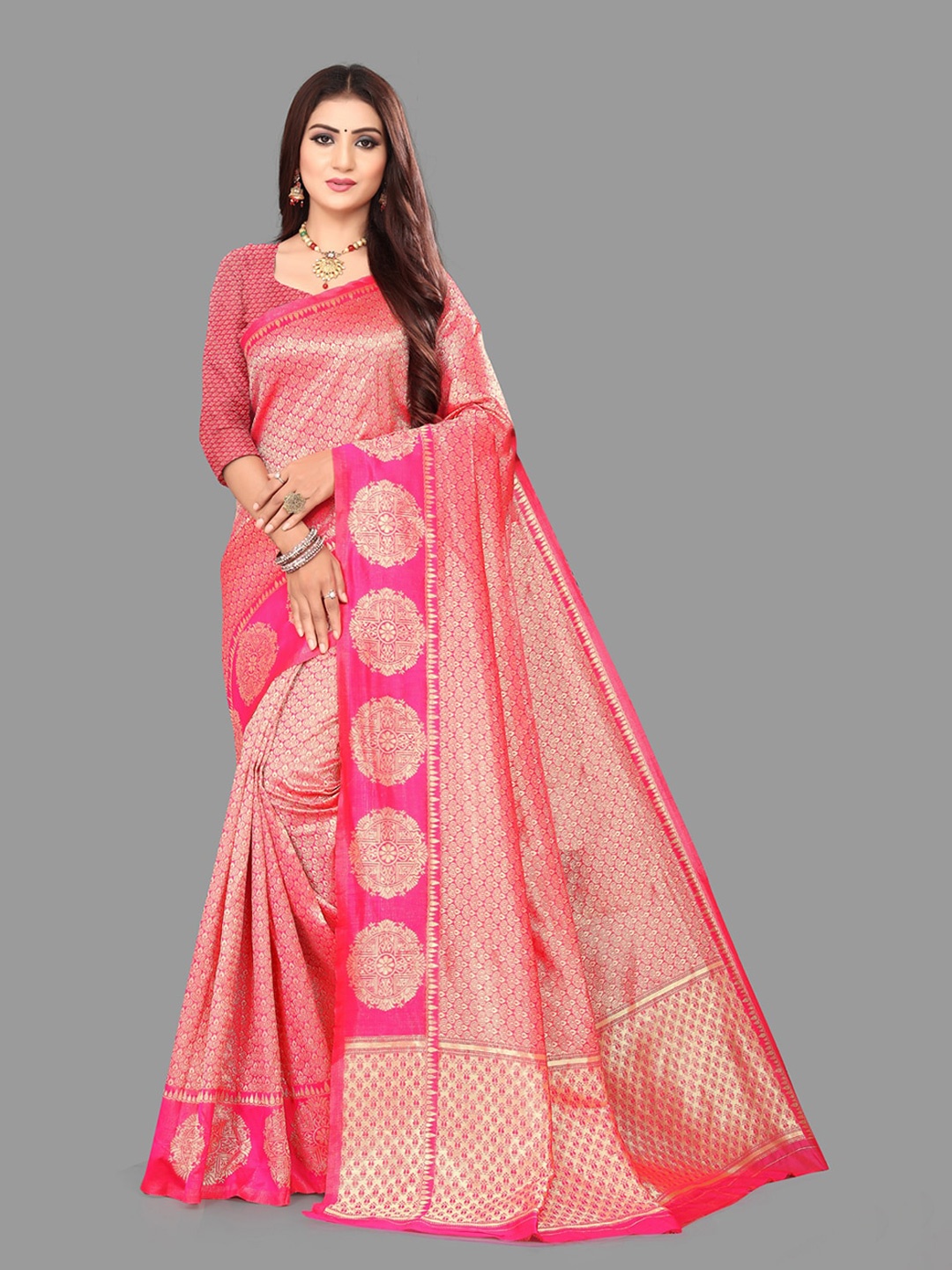 

ORUS Ethnic Motifs Woven Design Zari Banarasi Saree, Pink