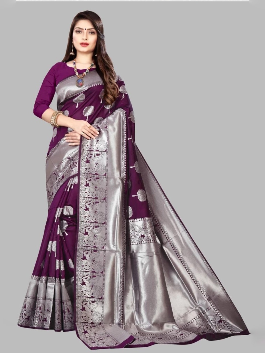 

ORUS Woven Design Zari Silk Blend Kanjeevaram Saree, Magenta