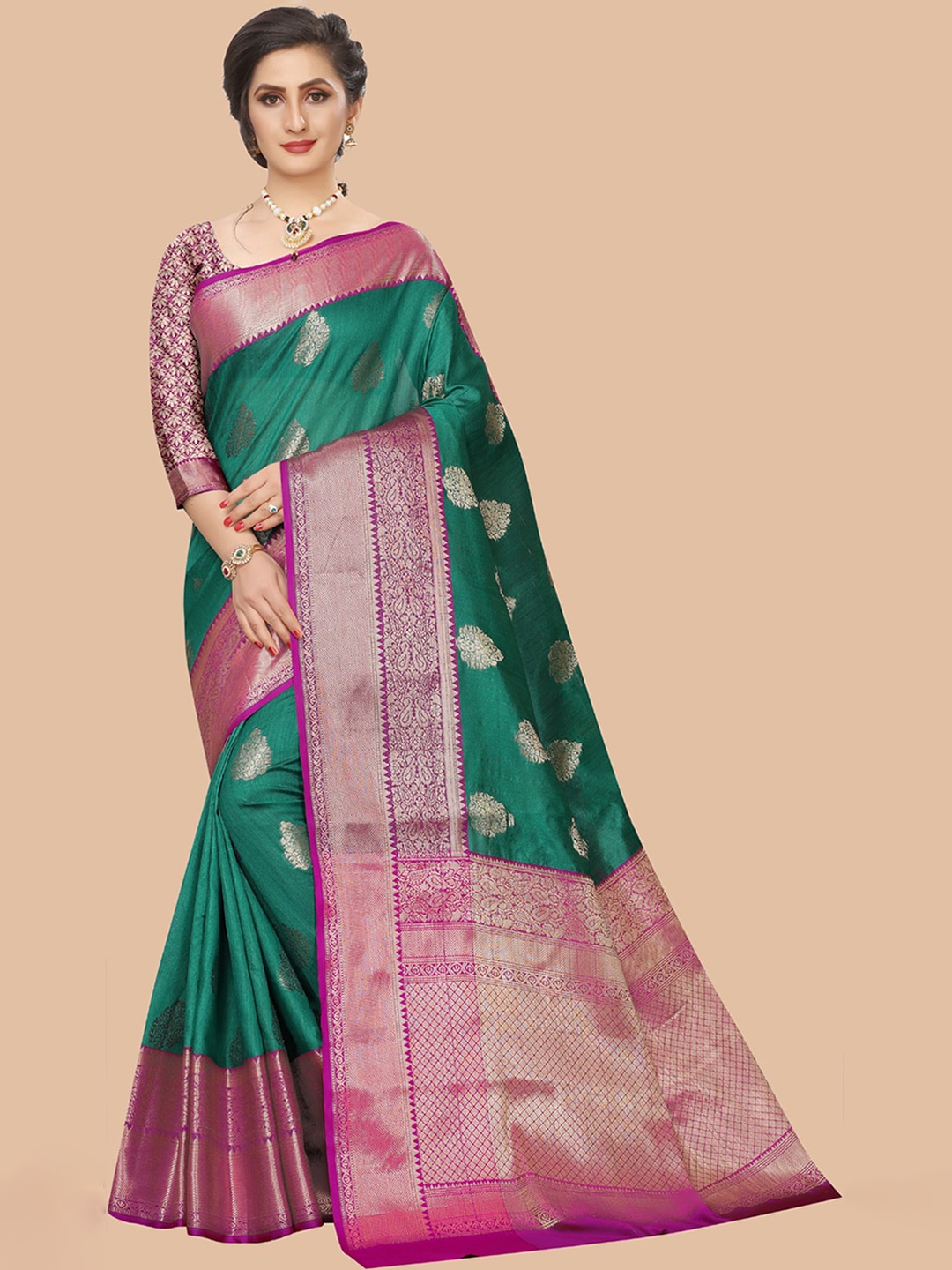 

ORUS Woven Design Zari Silk Blend Kanjeevaram Saree, Green