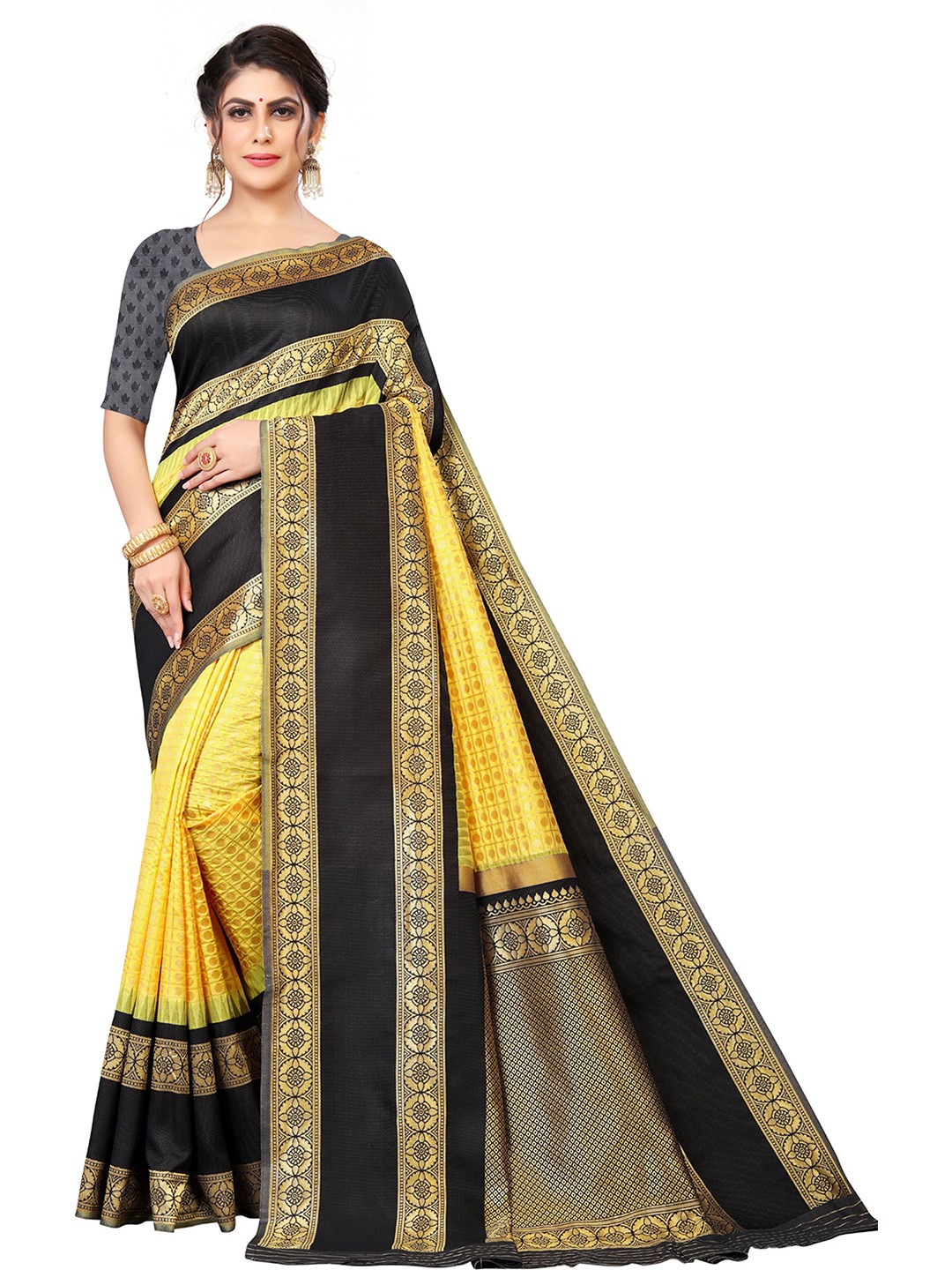

ORUS Woven Design Zari Silk Blend Kanjeevaram Saree, Black