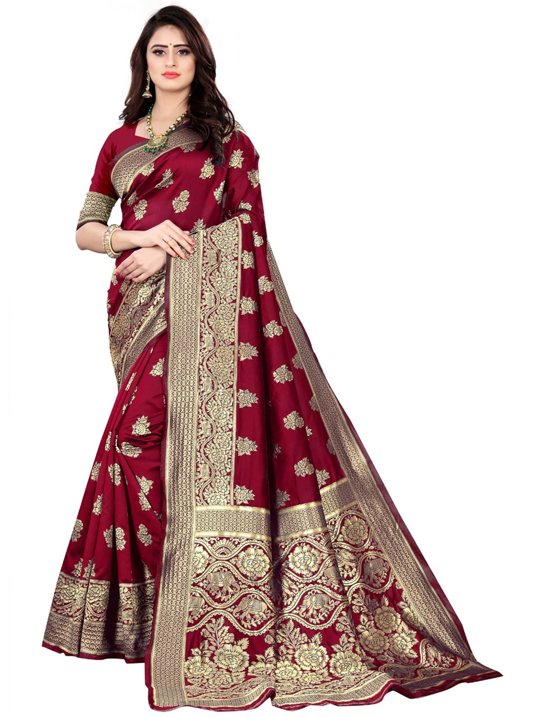 

ORUS Woven Design Zari Silk Blend Banarasi Saree, Red