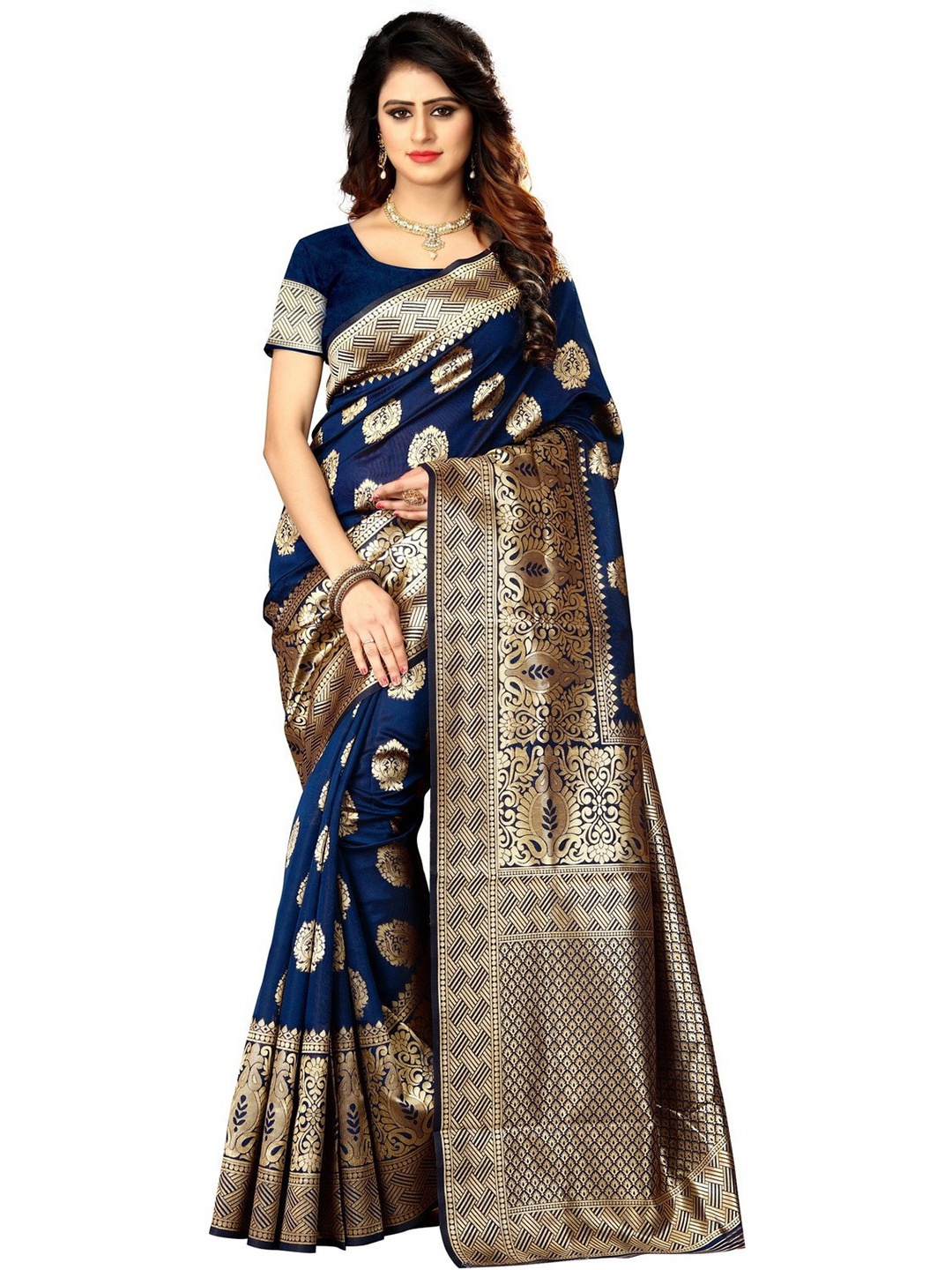 

ORUS Woven Design Zari Silk Blend Kanjeevaram Saree, Navy blue