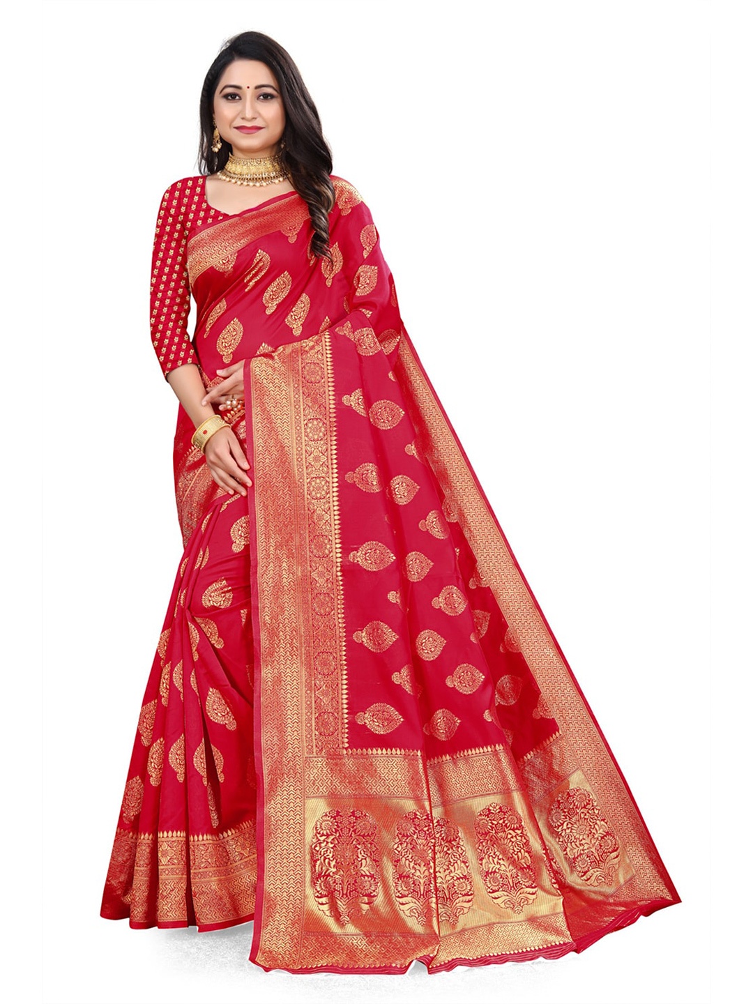 

ORUS Woven Design Zari Silk Blend Banarasi Saree, Red