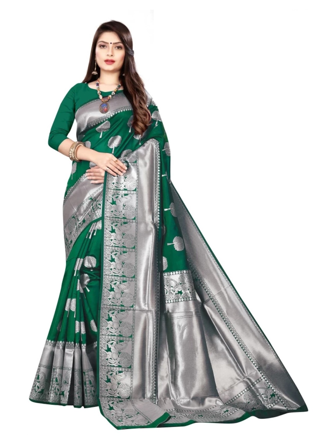 

ORUS Woven Design Zari Silk Blend Kanjeevaram Saree, Green