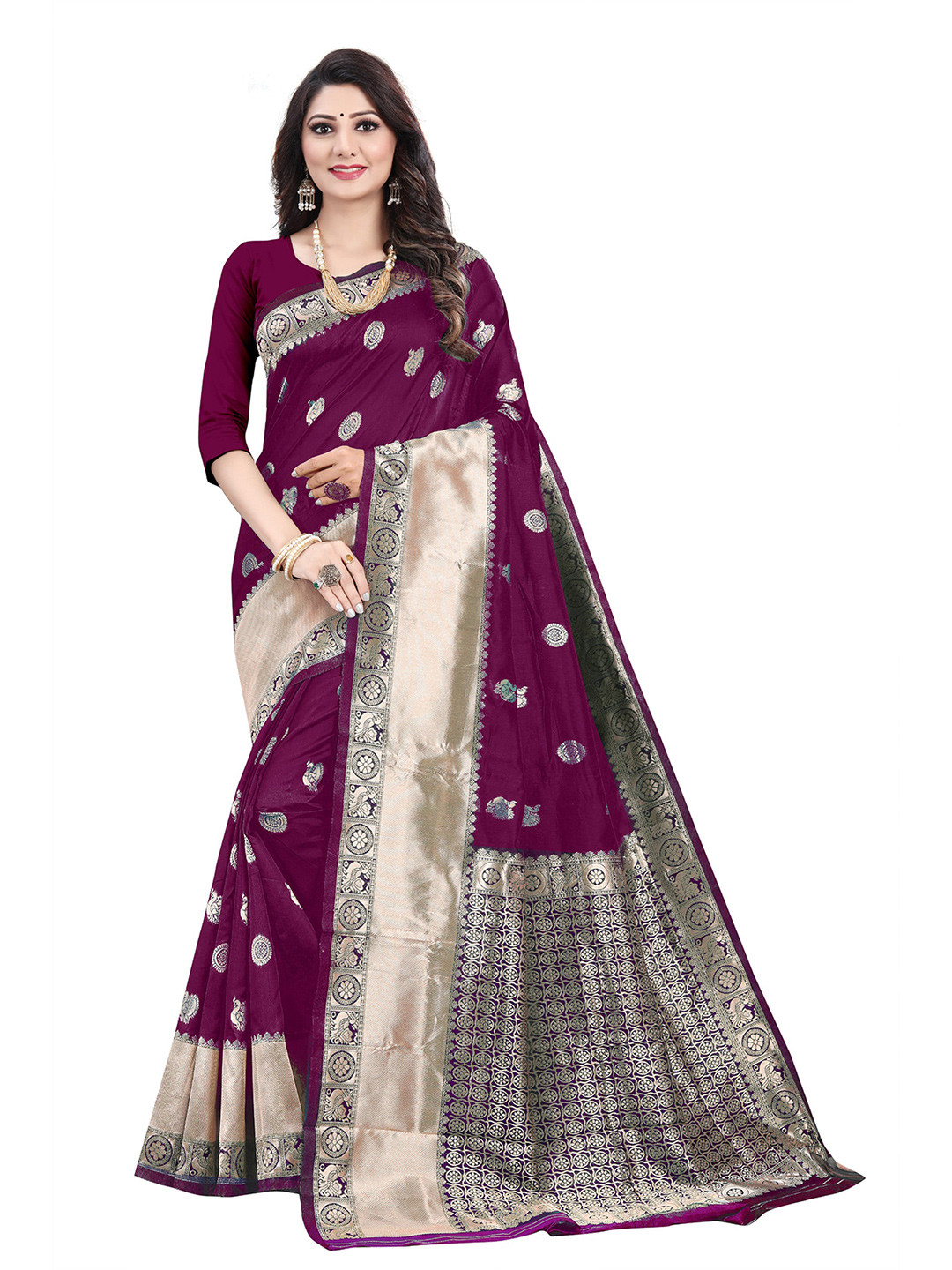 

ORUS Woven Design Zari Silk Blend Banarasi Saree, Magenta