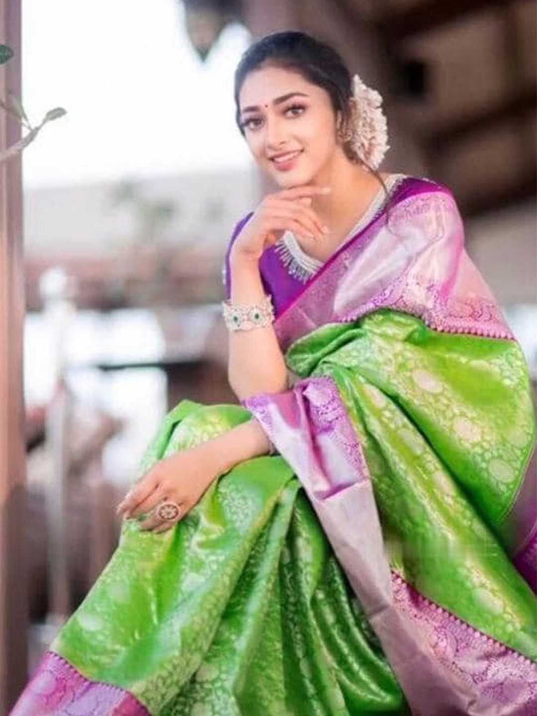 

ORUS Floral Woven Design Pure Silk Kanjeevaram Saree, Green