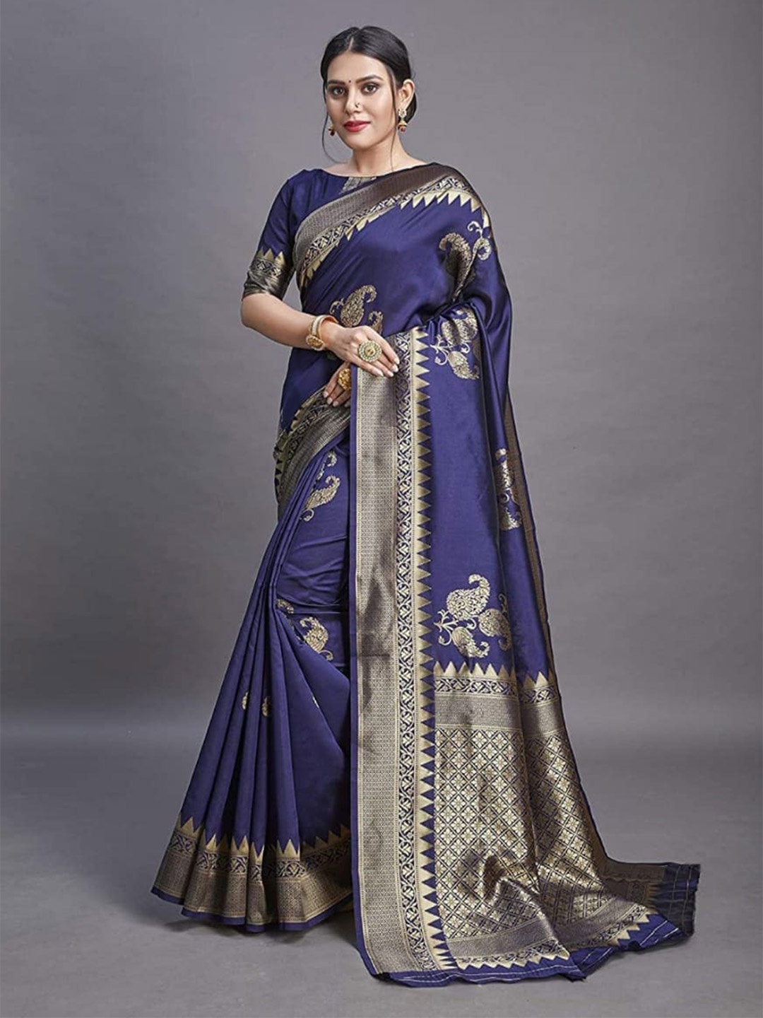 

ORUS Woven Design Zari Silk Blend Kanjeevaram Saree, Blue
