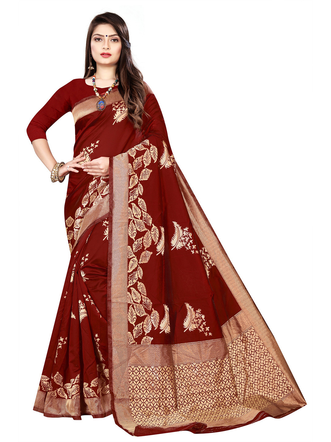 

ORUS Woven Design Zari Silk Blend Kanjeevaram Saree, Red