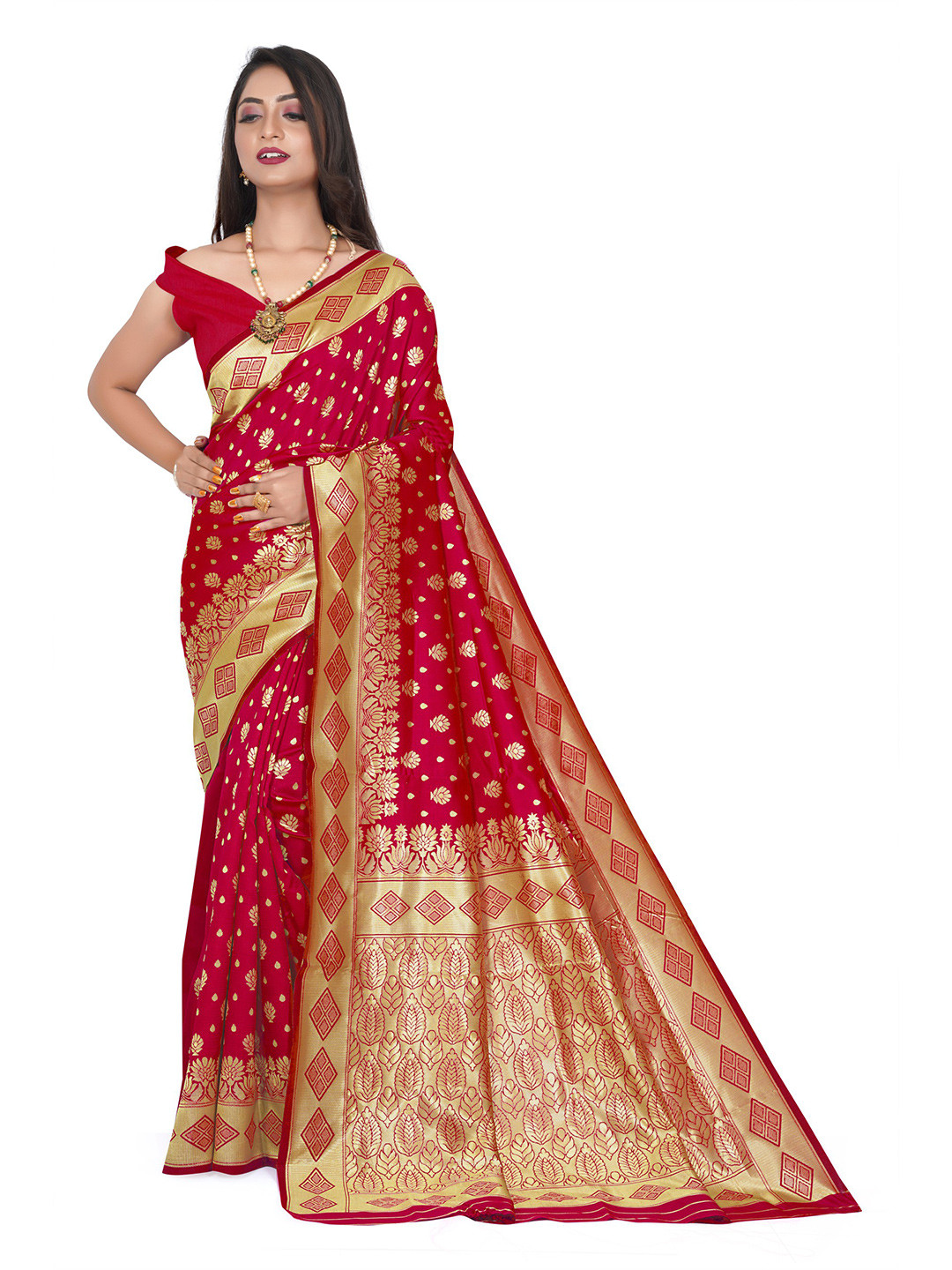 

ORUS Woven Design Zari Silk Blend Kanjeevaram Saree, Red