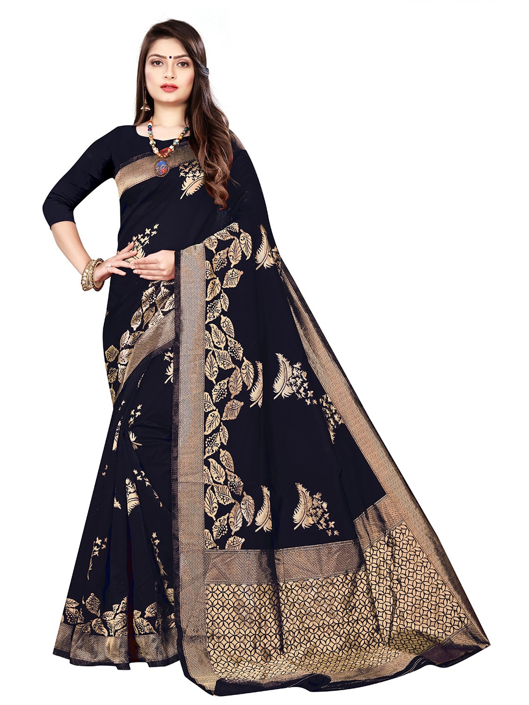 

ORUS Woven Design Zari Silk Blend Kanjeevaram Saree, Black
