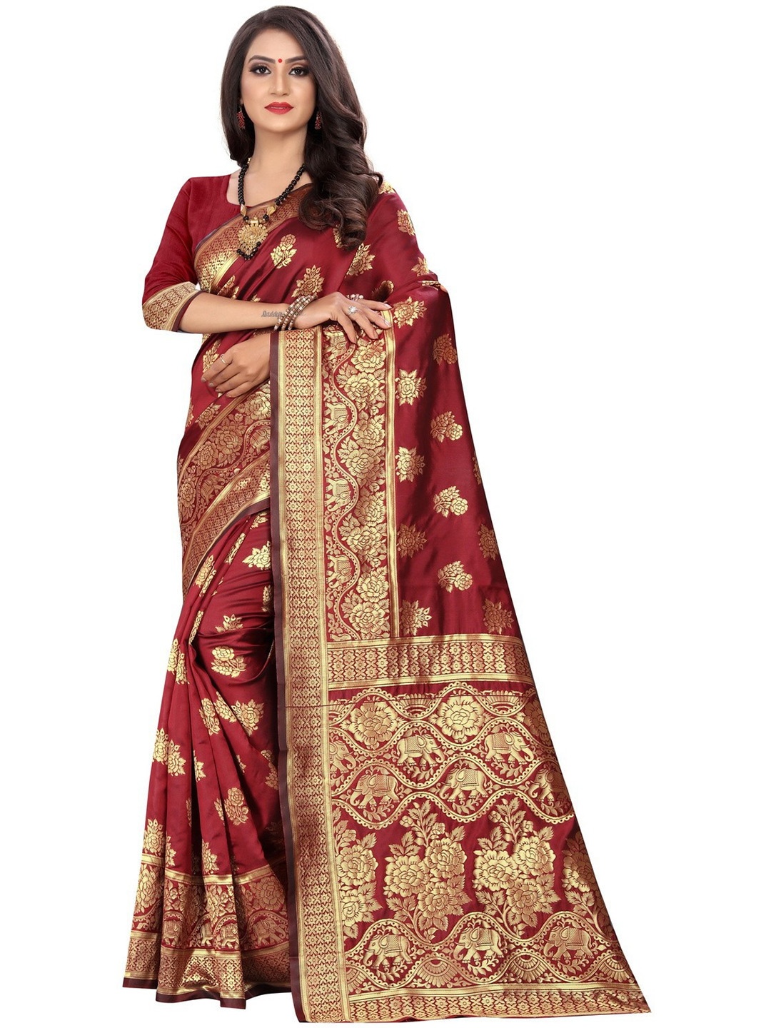 

ORUS Woven Design Zari Silk Blend Banarasi Saree, Maroon