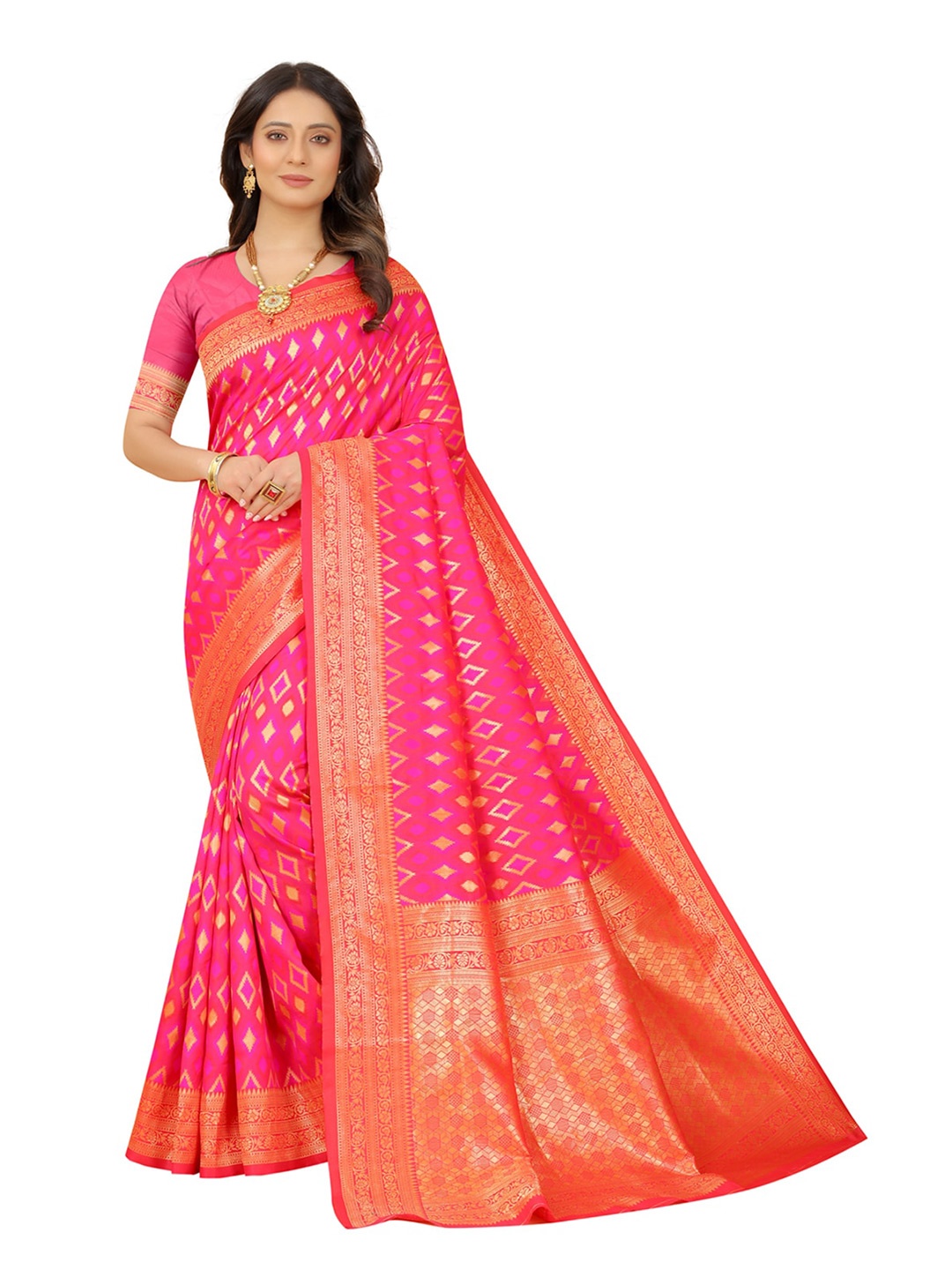 

ORUS Design Zari Silk Blend Kanjeevaram Saree, Pink
