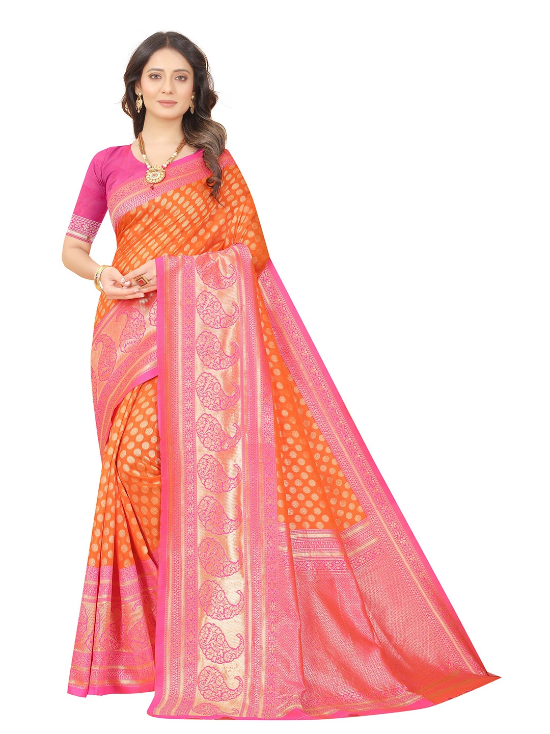 

ORUS Woven Design Zari Silk Blend Banarasi Saree, Orange