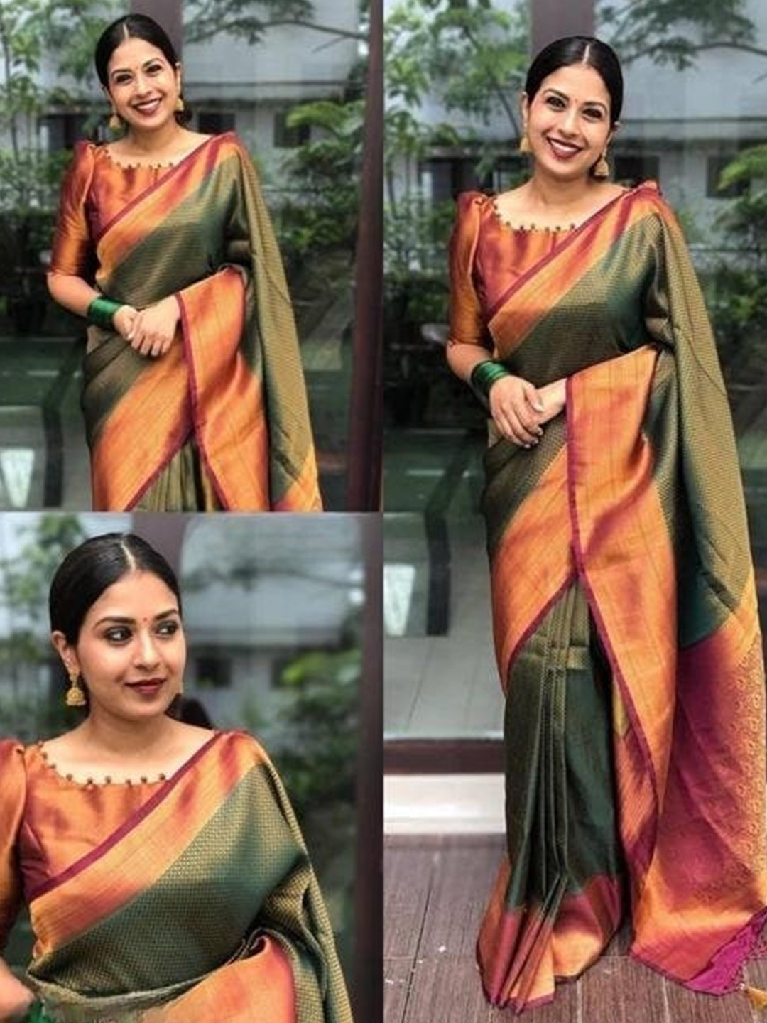 

ORUS Woven Design Zari Silk Blend Kanjeevaram Saree, Green