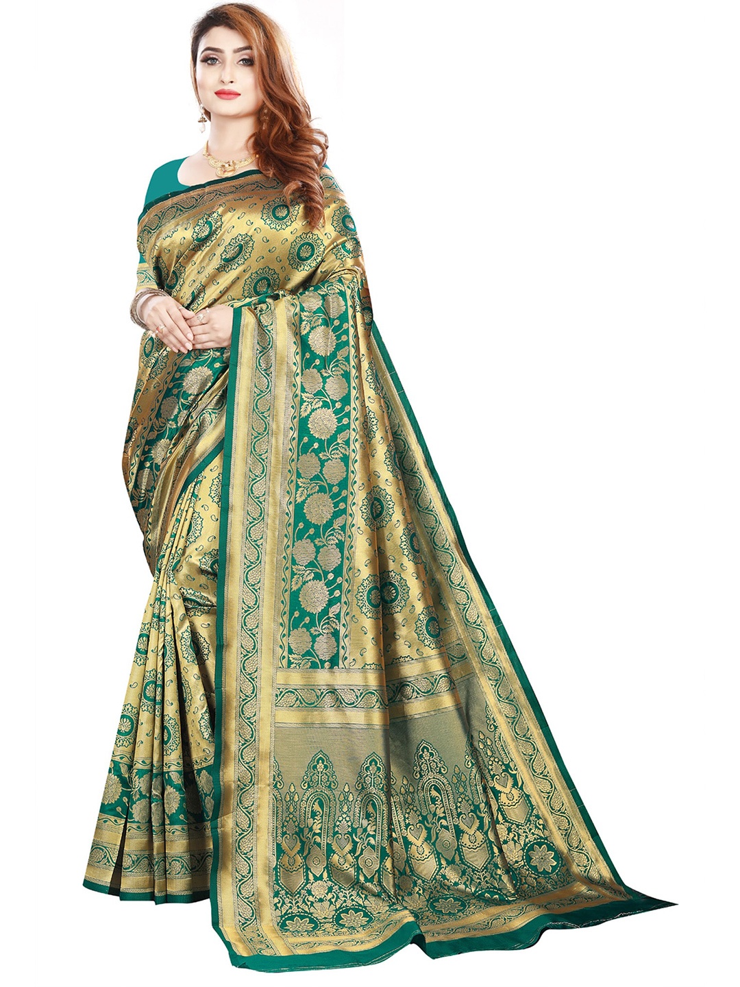 

ORUS Woven Design Zari Silk Blend Kanjeevaram Saree, Green