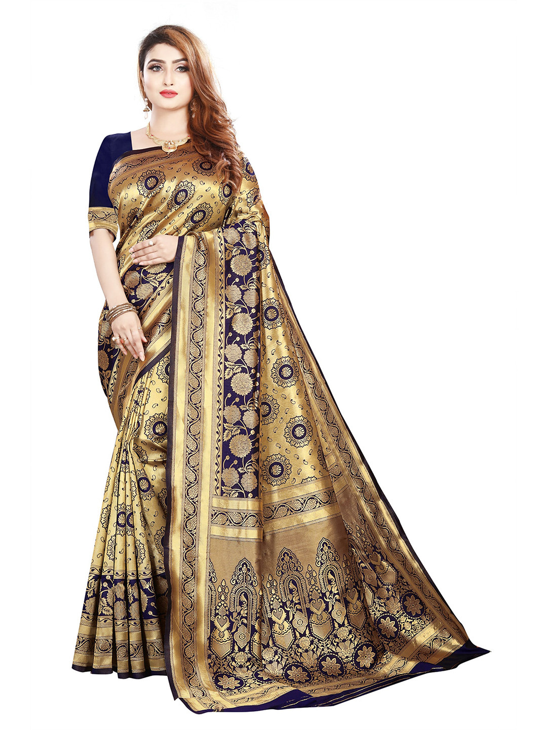

ORUS Woven Design Zari Silk Blend Kanjeevaram Saree, Blue
