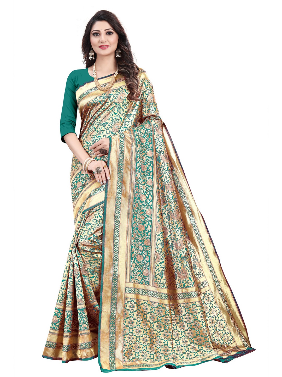 

ORUS Woven Design Zari Silk Blend Banarasi Saree, Green