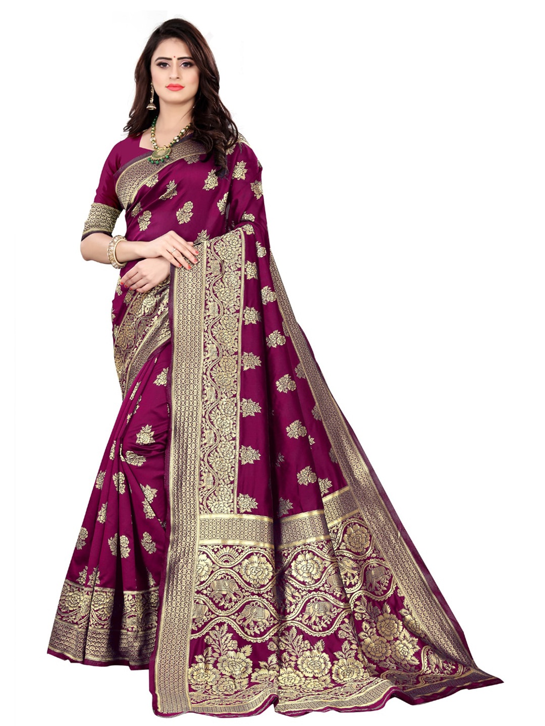 

ORUS Ethnic Motifs Woven Design Zari Banarasi Saree, Magenta