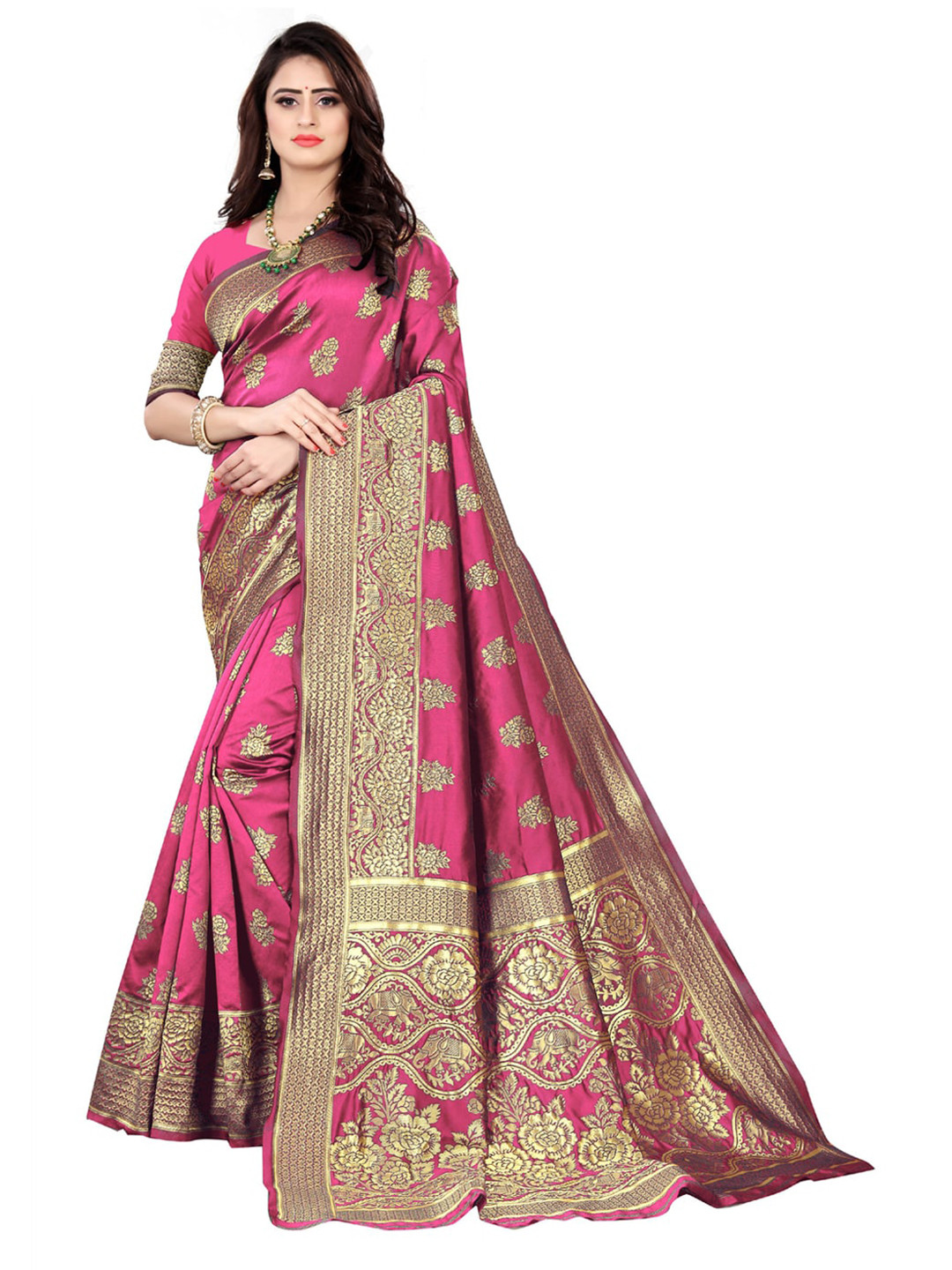 

ORUS Woven Design Zari Silk Blend Banarasi Saree, Pink