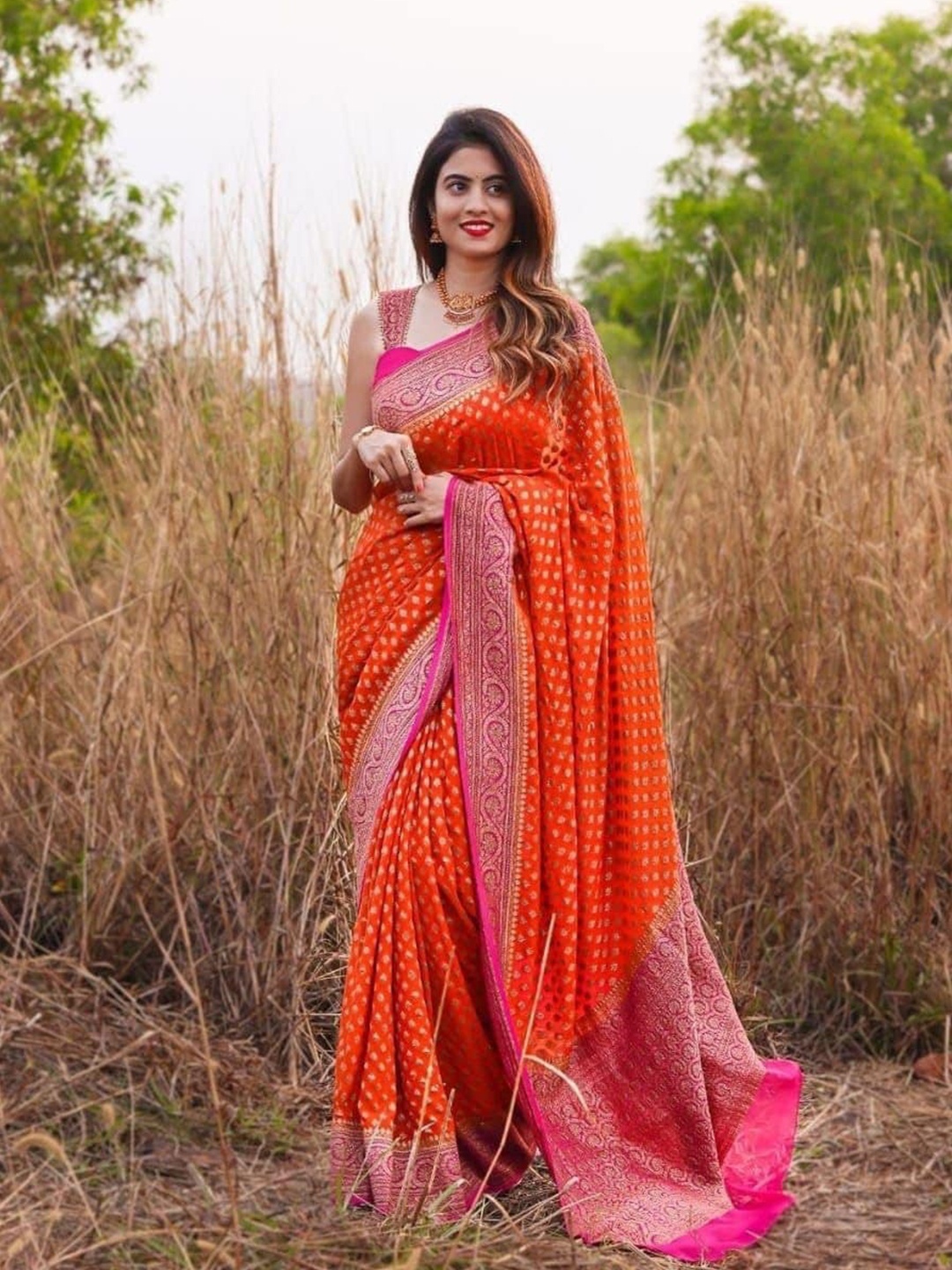 

ORUS Woven Design Zari Silk Blend Banarasi Saree, Orange