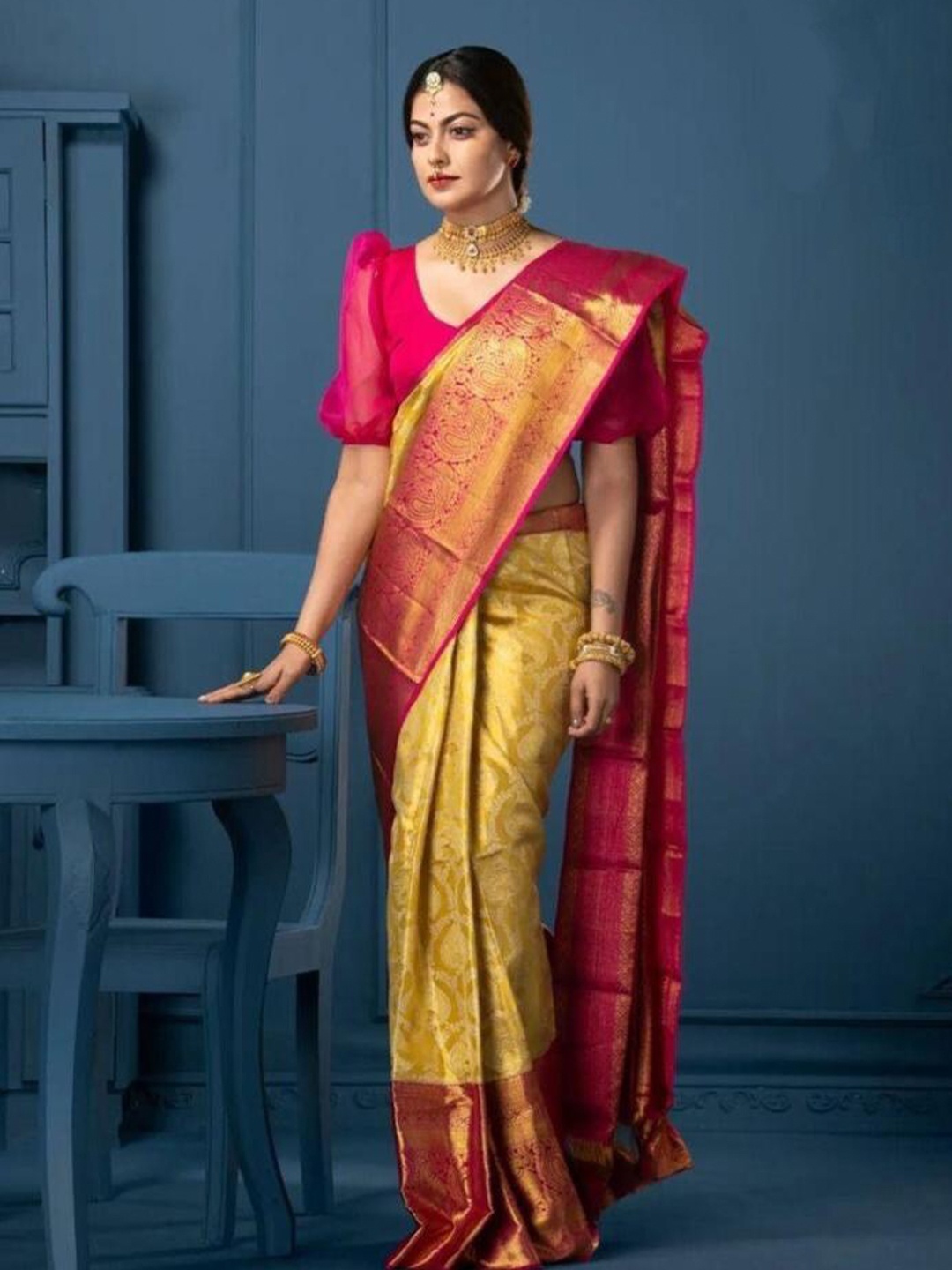 

ORUS Woven Design Zari Silk Blend Banarasi Saree, Mustard