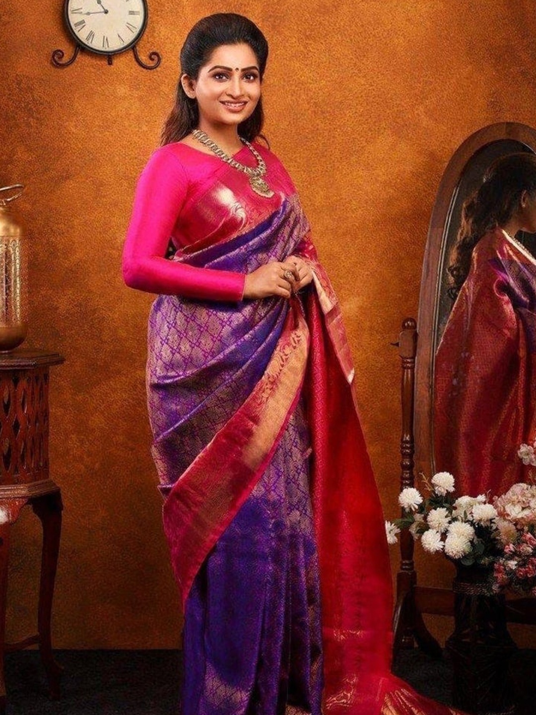 

ORUS Woven Design Zari Silk Blend Kanjeevaram Saree, Purple