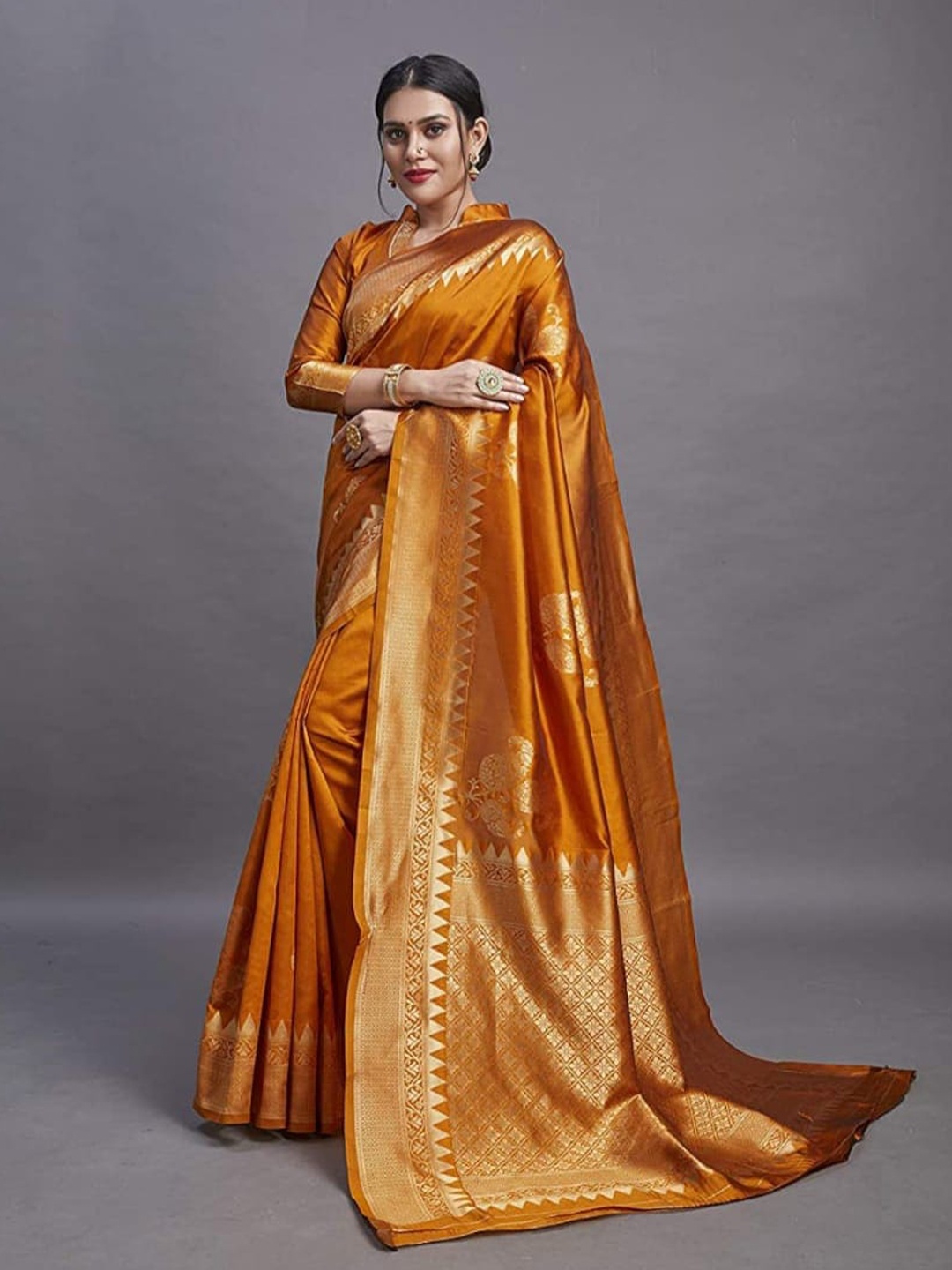 

ORUS Woven Design Zari Silk Blend Kanjeevaram Saree, Mustard