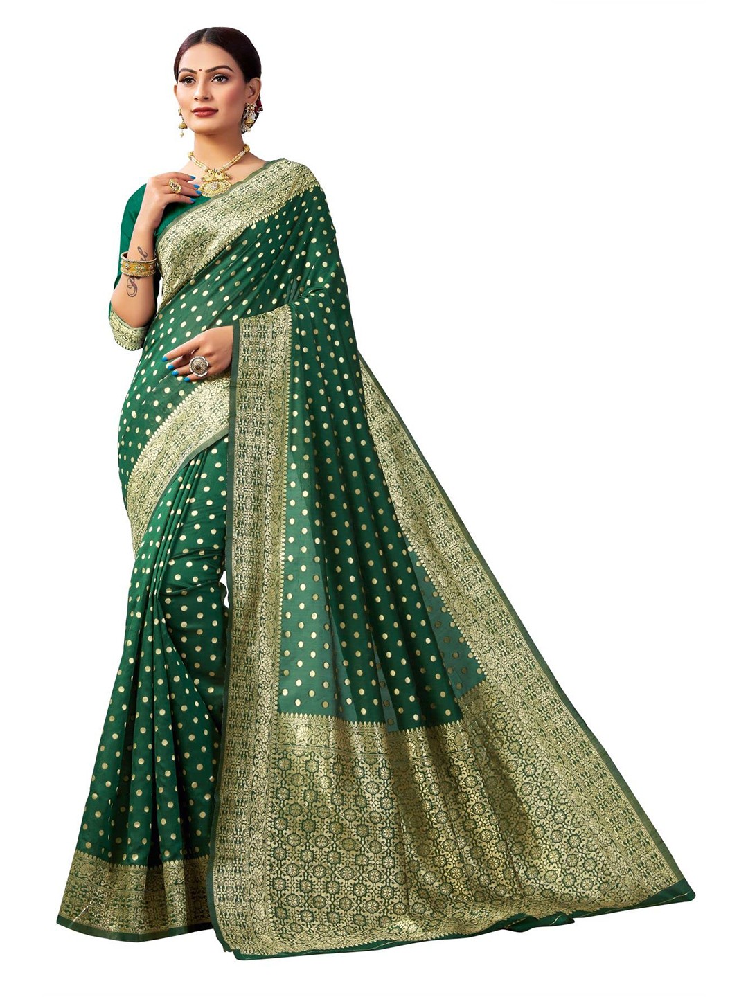 

ORUS Woven Design Zari Silk Blend Banarasi Saree, Green