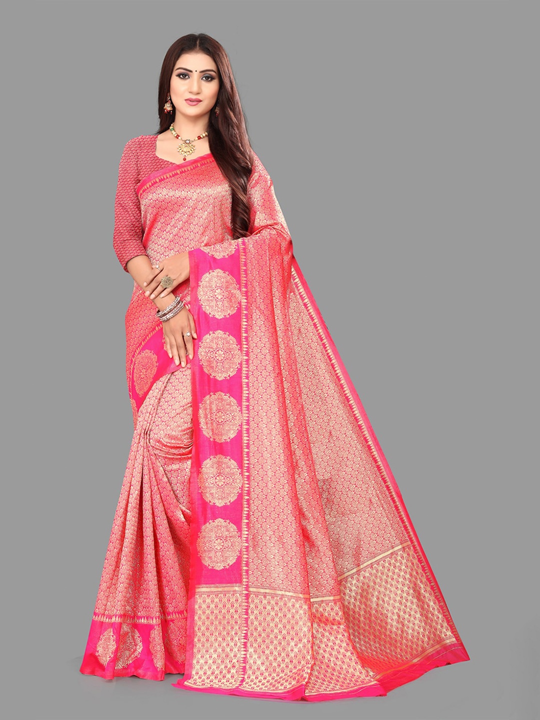 

ORUS Woven Design Zari Silk Blend Banarasi Saree, Pink