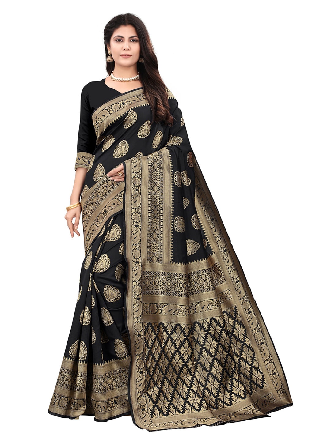 

ORUS Ethnic Motifs Woven Design Zari Kanjeevaram Saree, Black