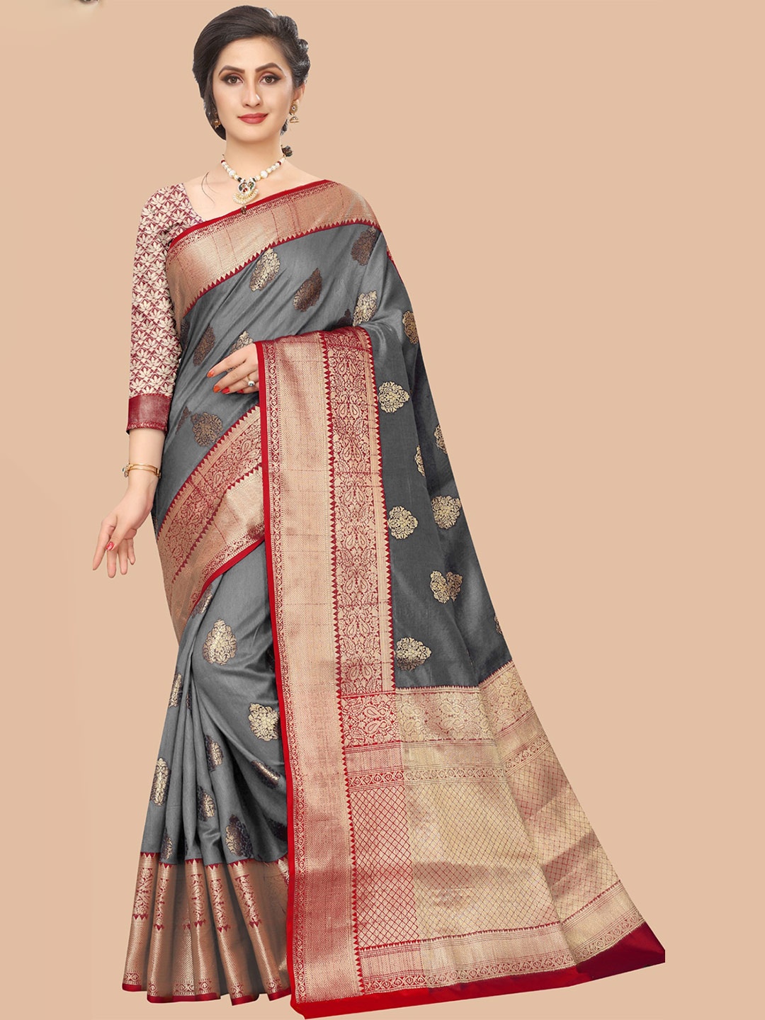 

ORUS Woven Design Zari Silk Blend Kanjeevaram Saree, Grey