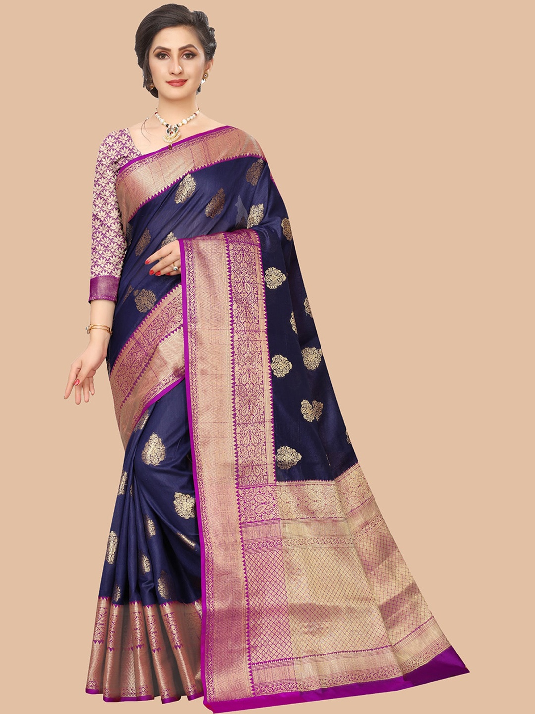 

ORUS Woven Design Zari Silk Blend Kanjeevaram Saree, Navy blue