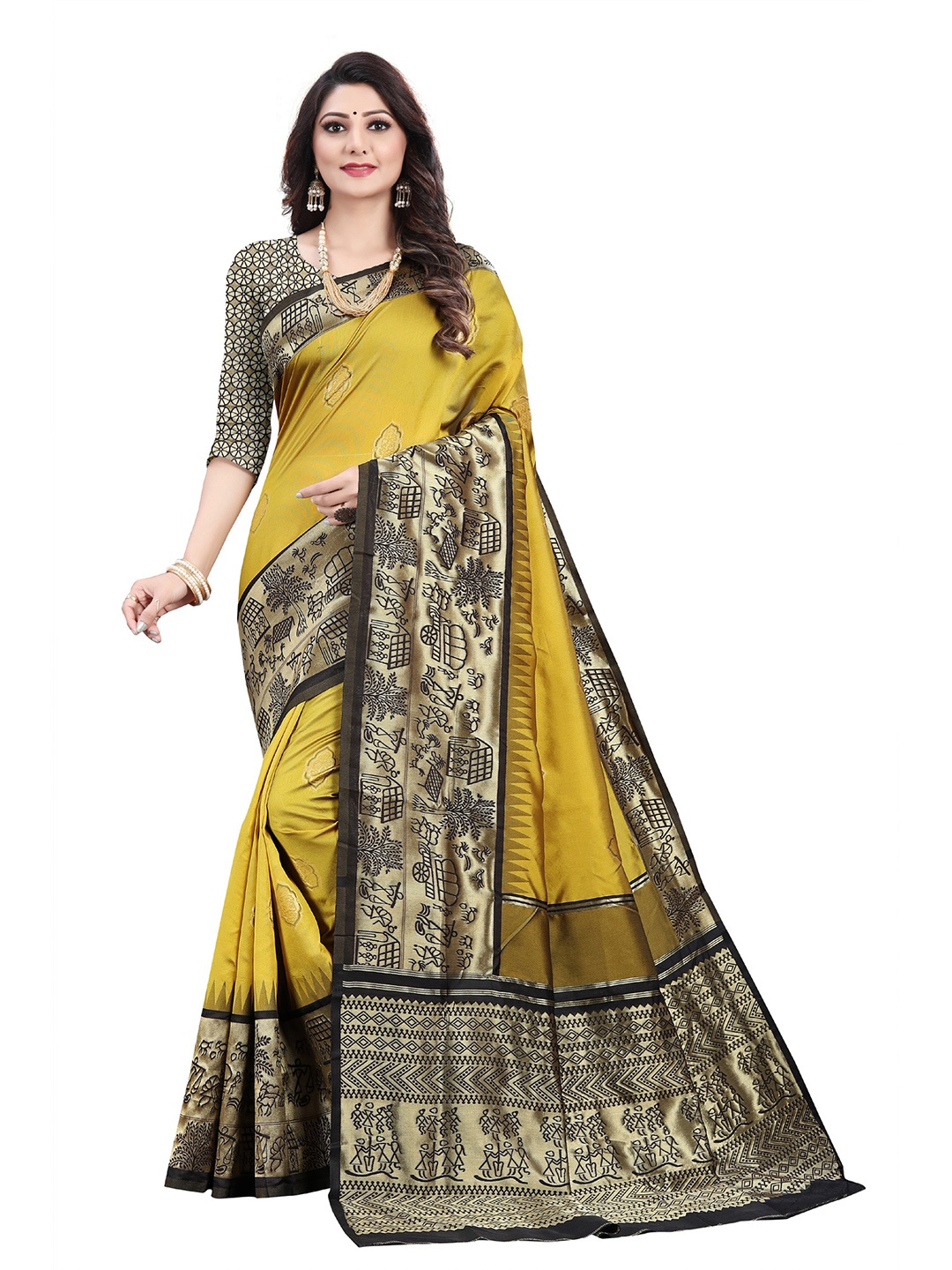 

ORUS Woven Design Zari Silk Blend Kanjeevaram Saree, Mustard