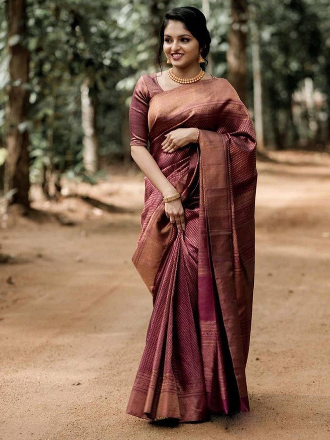 

ORUS Ethnic Motif Woven Design Pure Silk Kanjeevaram Saree, Burgundy