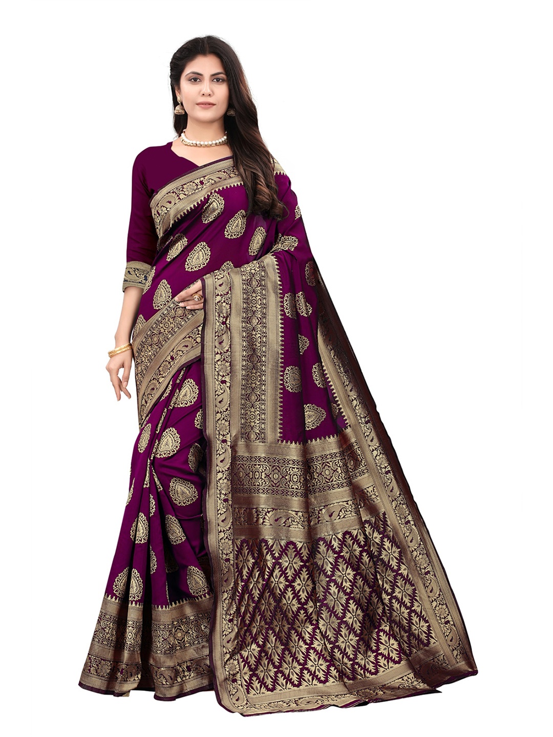 

ORUS Woven Design Zari Silk Blend Kanjeevaram Saree, Magenta