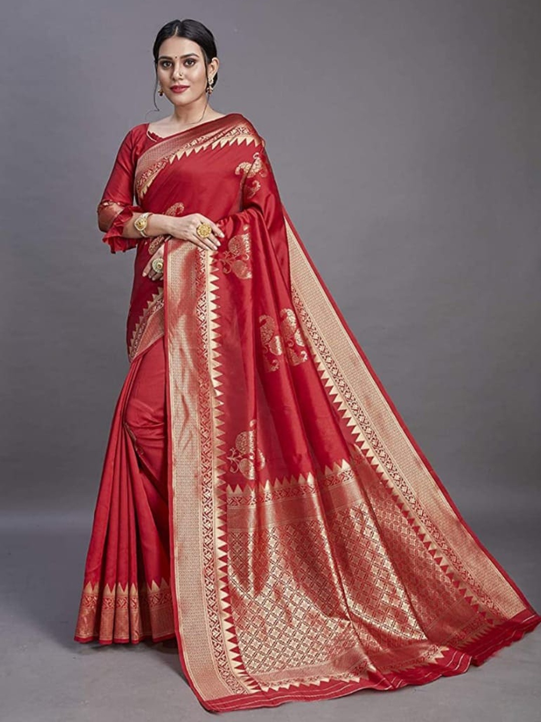 

ORUS Woven Design Zari Silk Blend Kanjeevaram Saree, Red